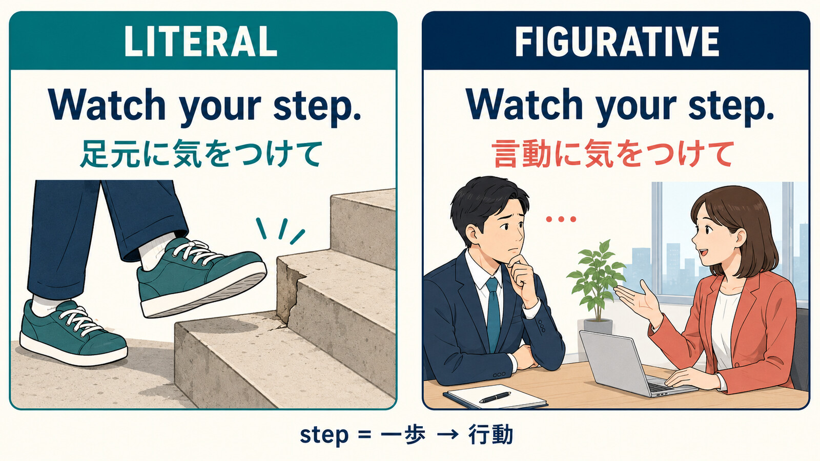 Watch your step.の足元に気をつける意味と言動に気をつける意味の比較