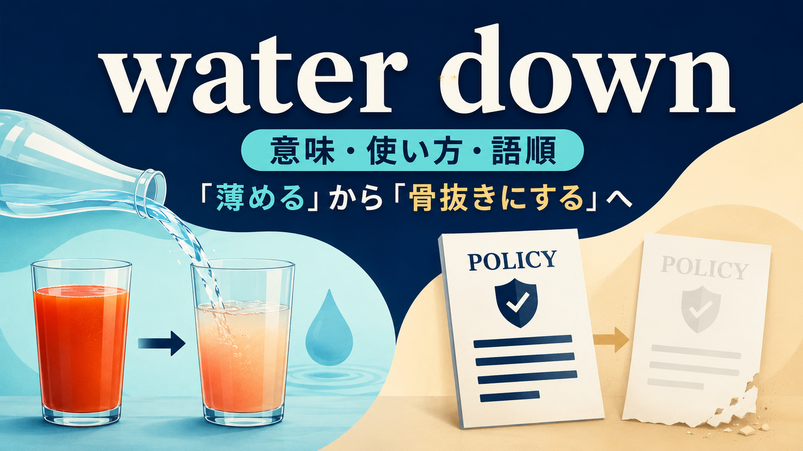 water downの「薄める・骨抜きにする」という意味を表すアイキャッチ画像