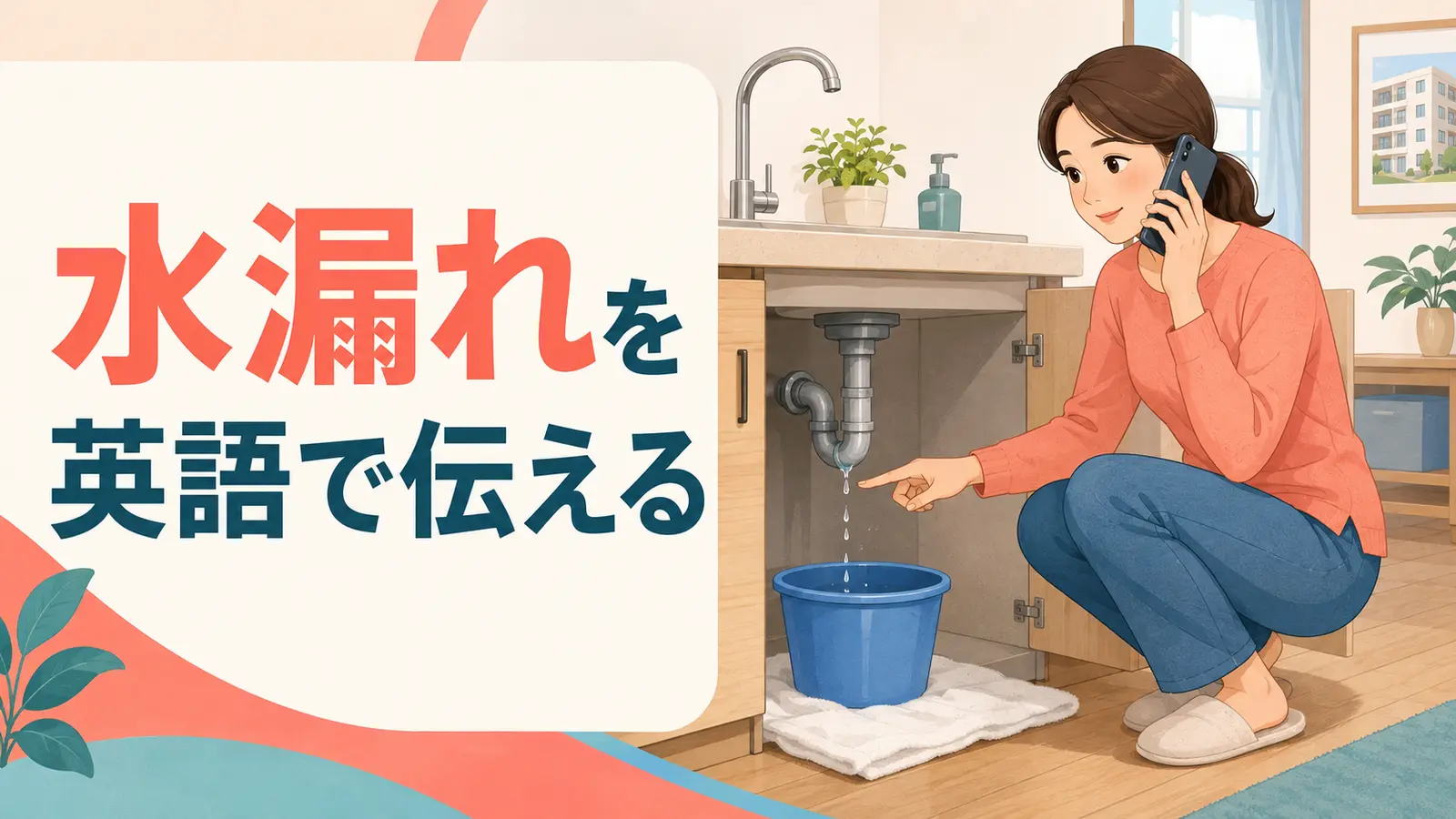 水漏れを英語で管理会社へ伝える記事のアイキャッチ