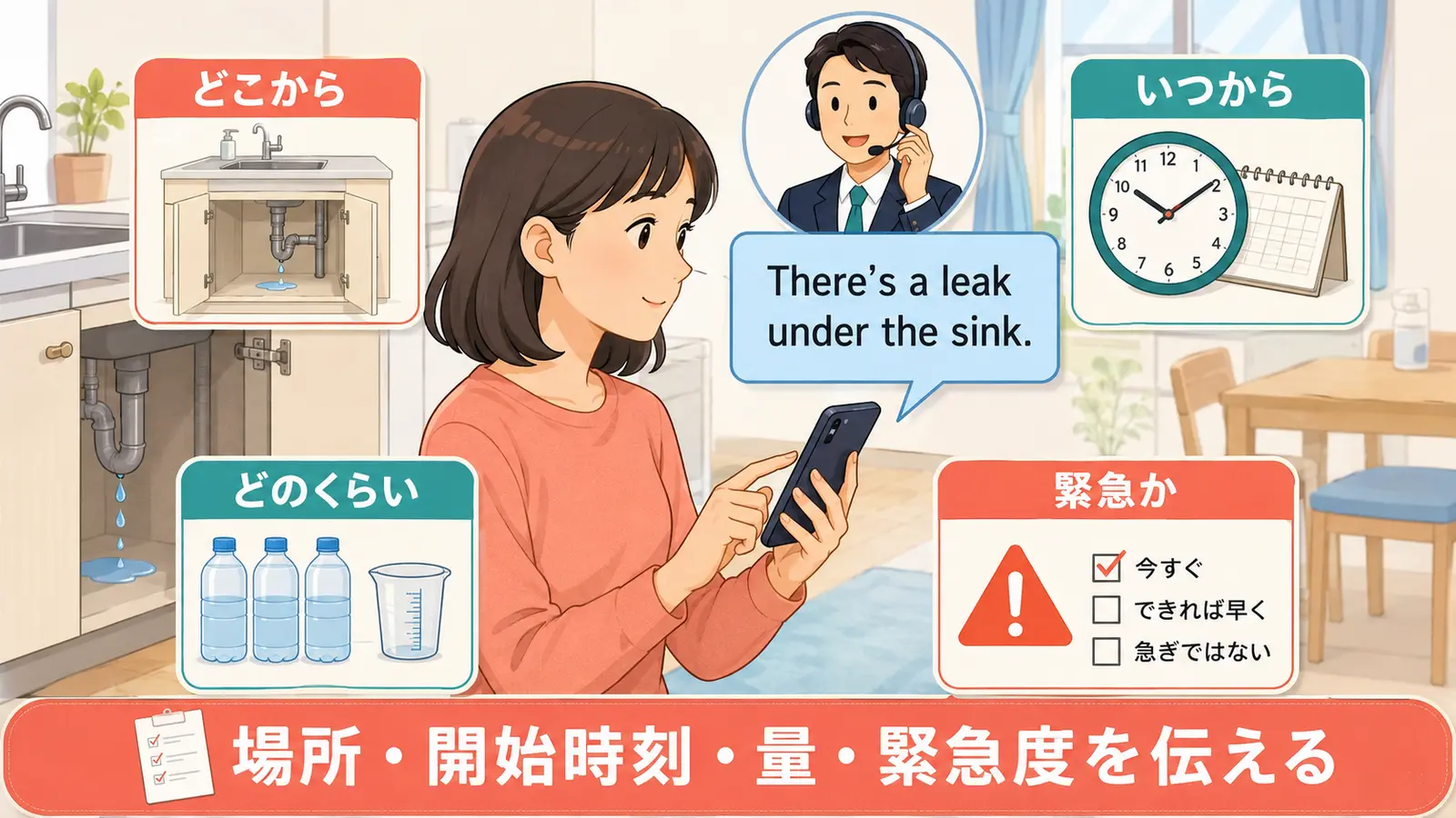 水漏れを報告するときに場所・開始時刻・量・緊急度を伝える図解