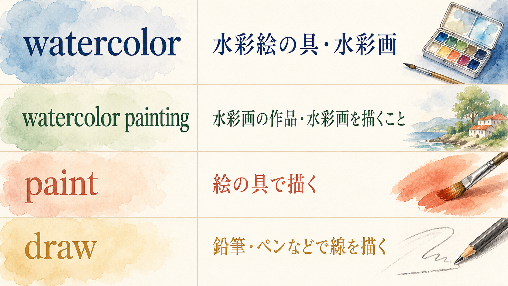 watercolor・watercolor painting・paint・drawの違いを示す比較図