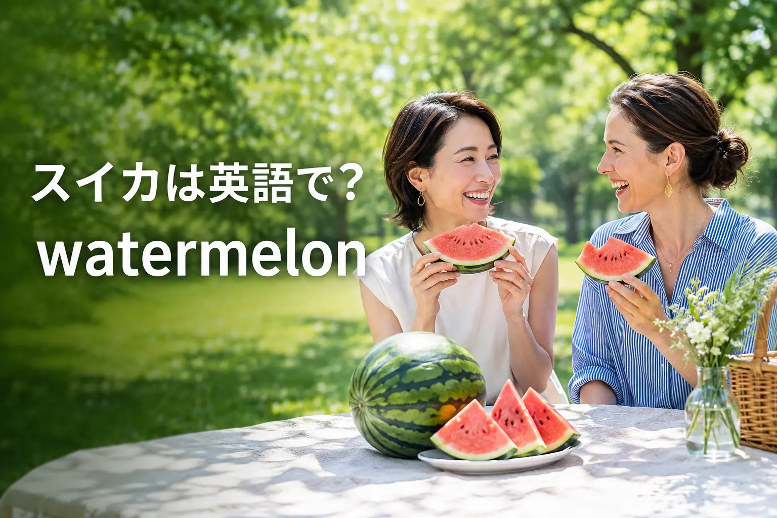 スイカは英語でwatermelonと紹介する夏の公園でスイカを楽しむ女性たち