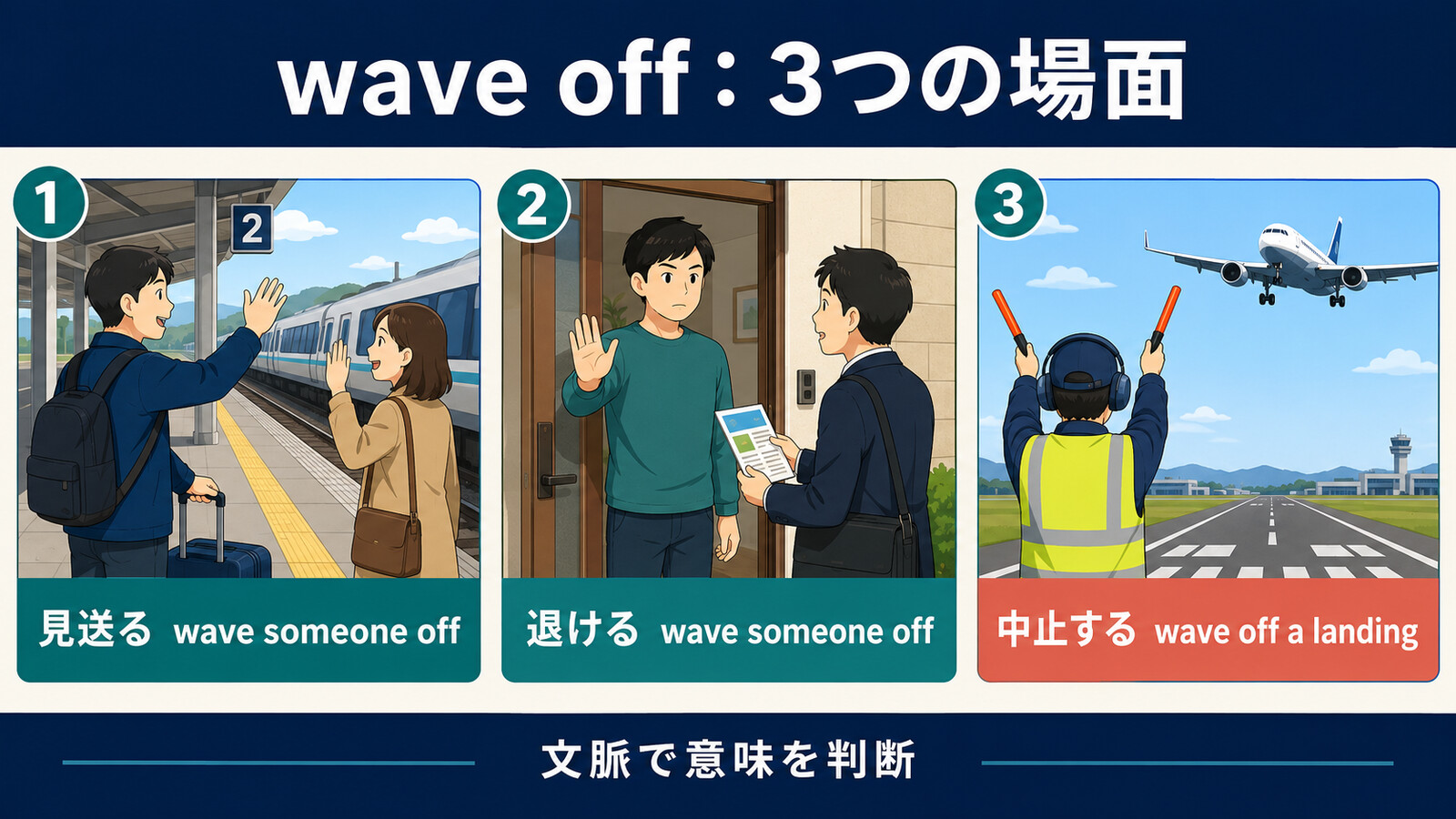 wave offの見送る・退ける・着陸を中止する3つの用法を比較したイラスト