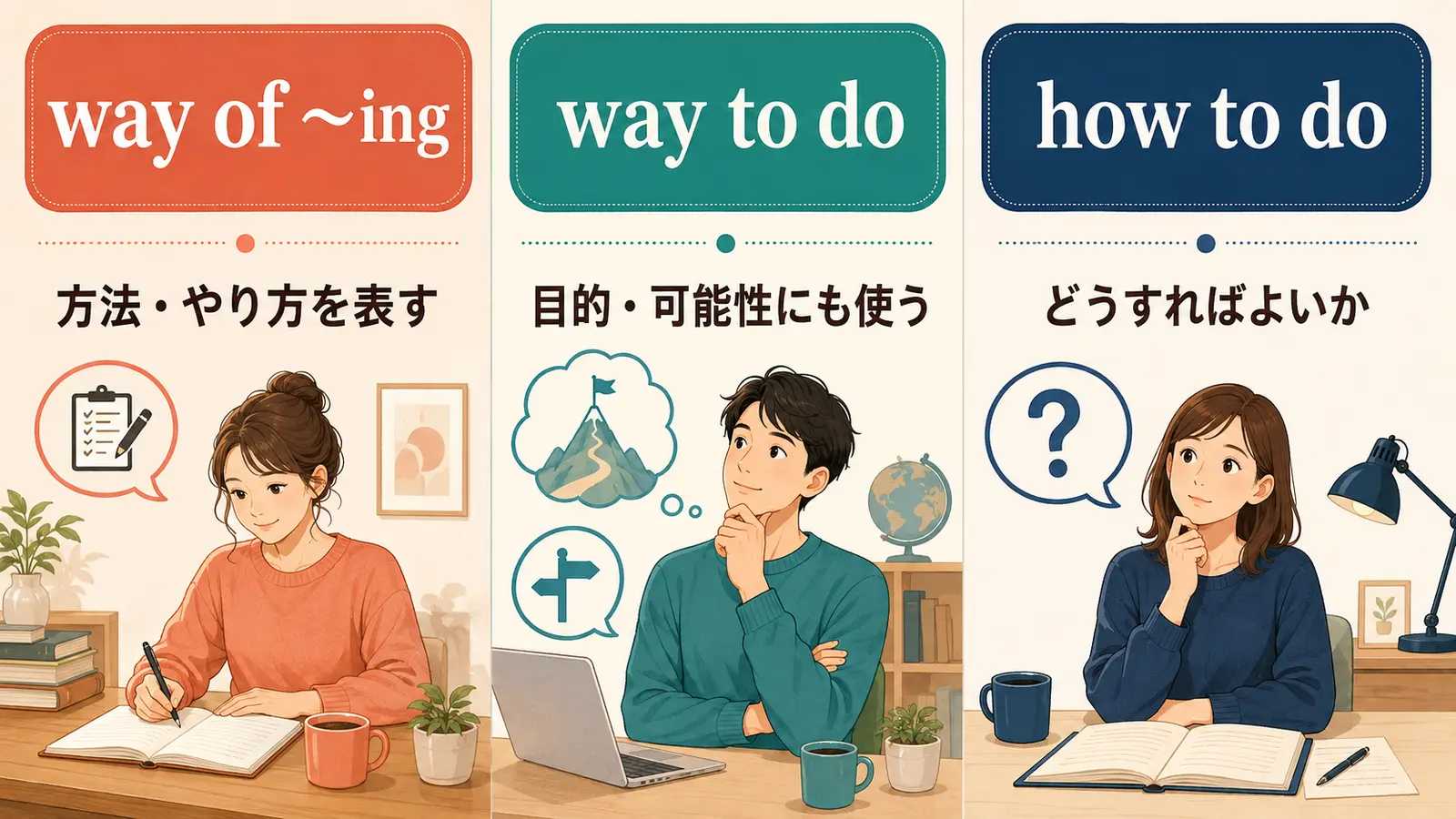way of ing、way to do、how to doの意味と使い方の違い