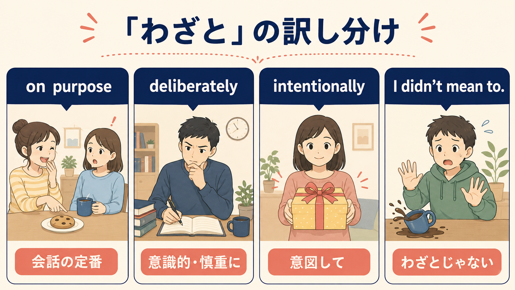 on purpose・deliberately・intentionally・I didn’t mean to.の使い分け