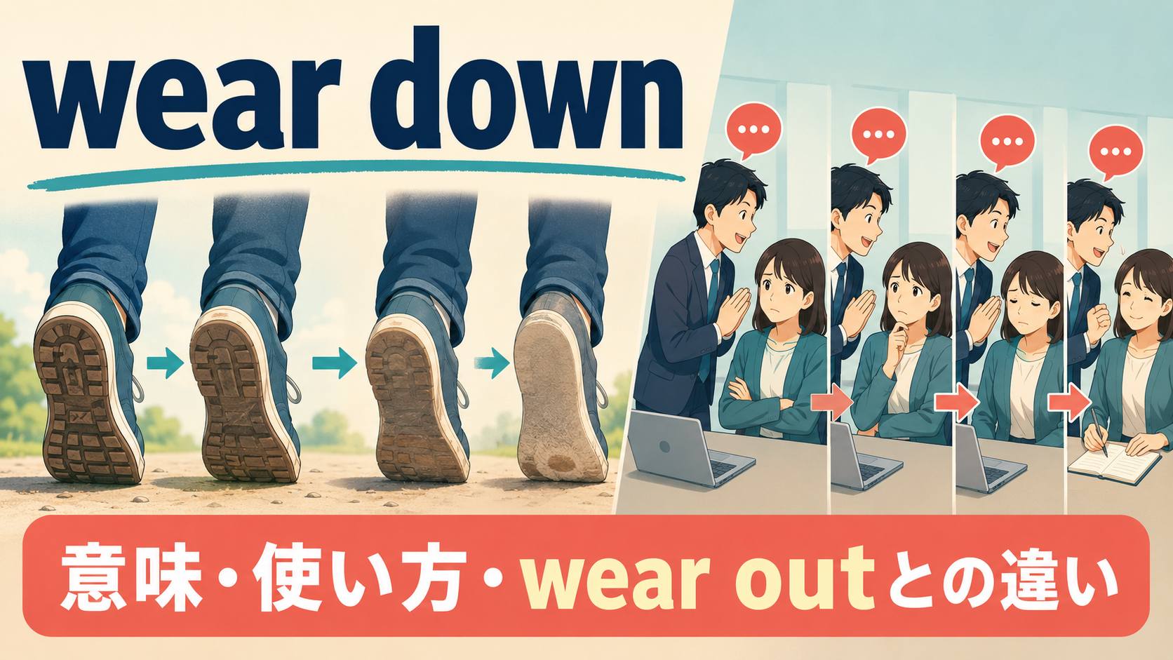 wear downの意味は？「すり減らす・根負けさせる」の使い方とwear outとの違い
