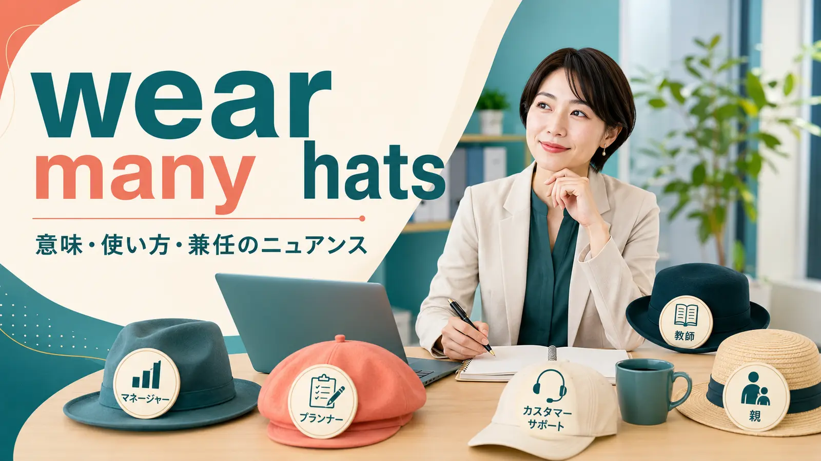 wear many hatsの意味と複数の役割を兼任するニュアンスを解説するアイキャッチ画像