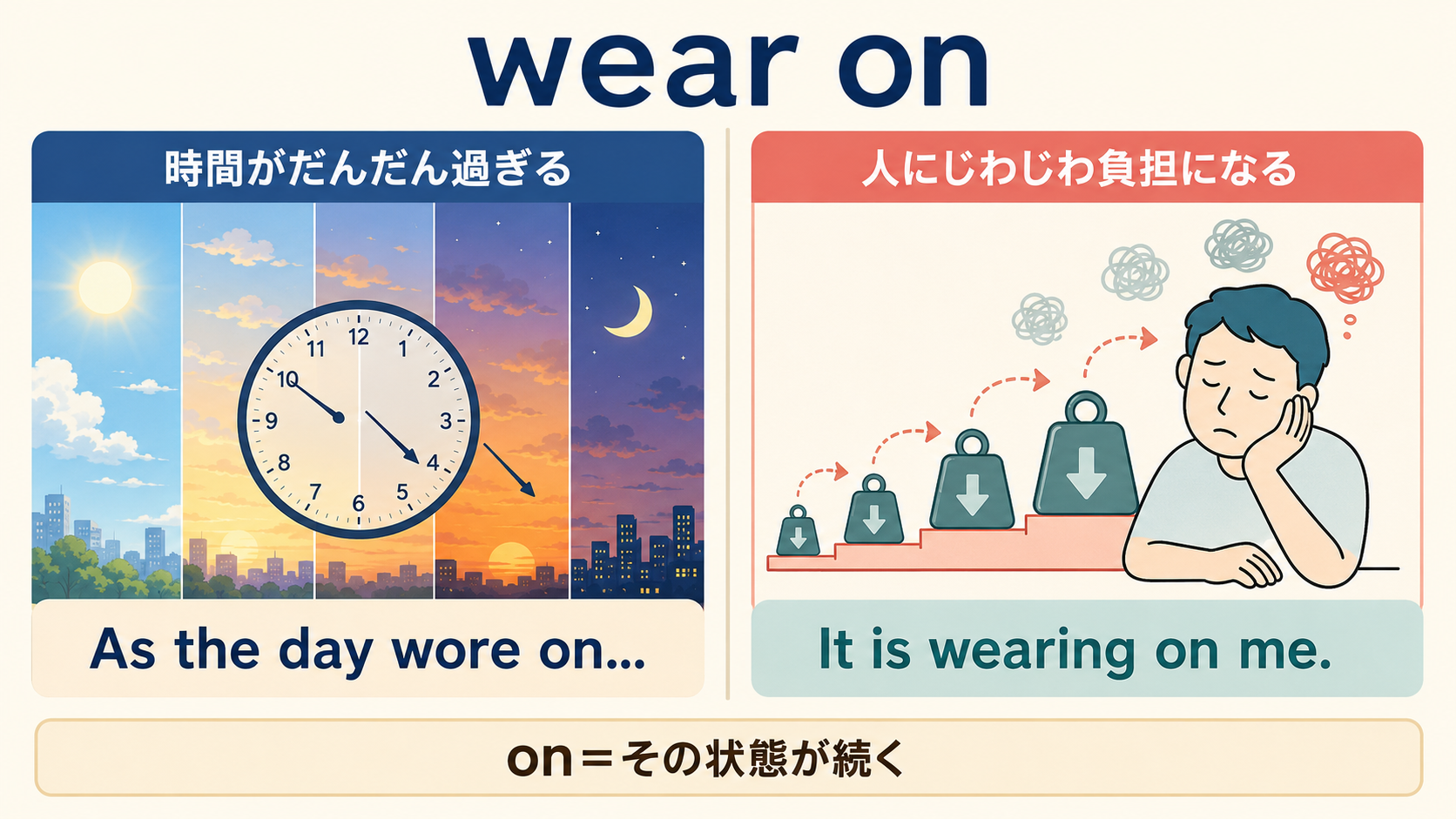 wear onの時間が過ぎる用法と人にじわじわ負担になる用法の比較
