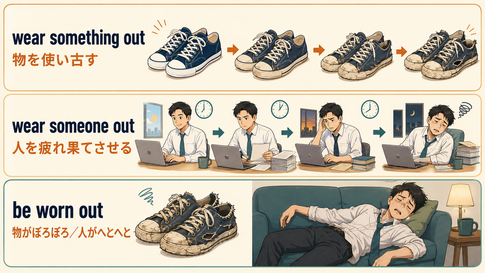 wear outの物を使い古す・人を疲れ果てさせる・be worn outの違い