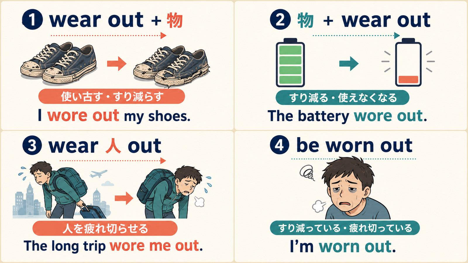 wear outの物・人への使い方とworn outの違い