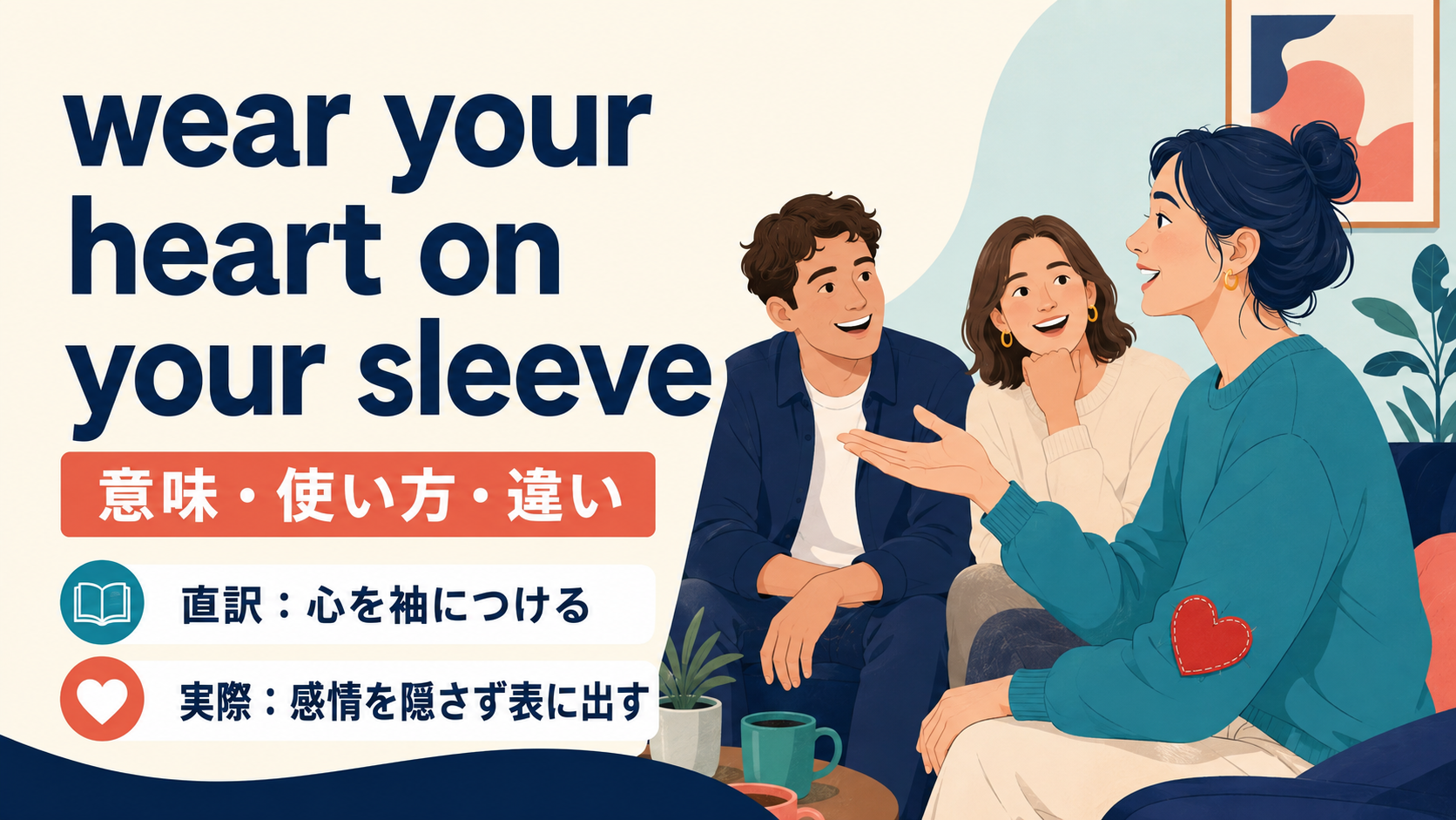 wear your heart on your sleeveの直訳は心を袖につける、実際は感情を隠さず表に出すと示すアイキャッチ