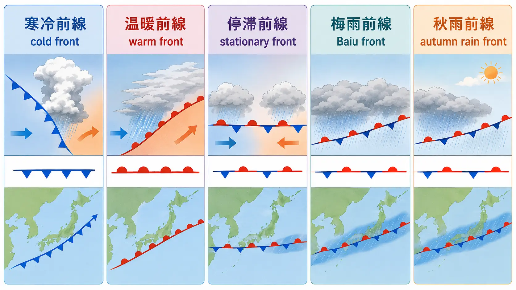 寒冷前線・温暖前線・停滞前線・梅雨前線・秋雨前線の英語と天気図記号の比較