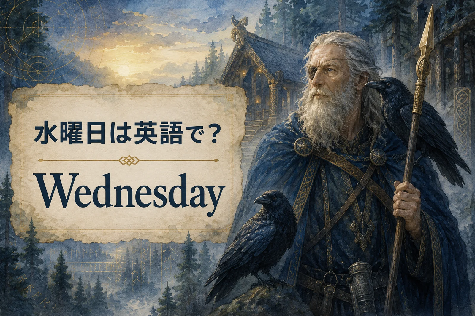 水曜日は英語でWednesdayと示した北欧神オーディンのイラスト