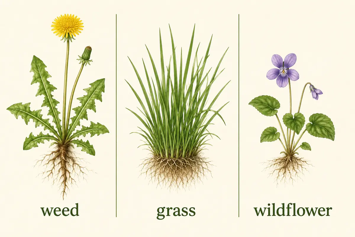 weed・grass・wildflowerの違いを植物イラストで示した英語教材