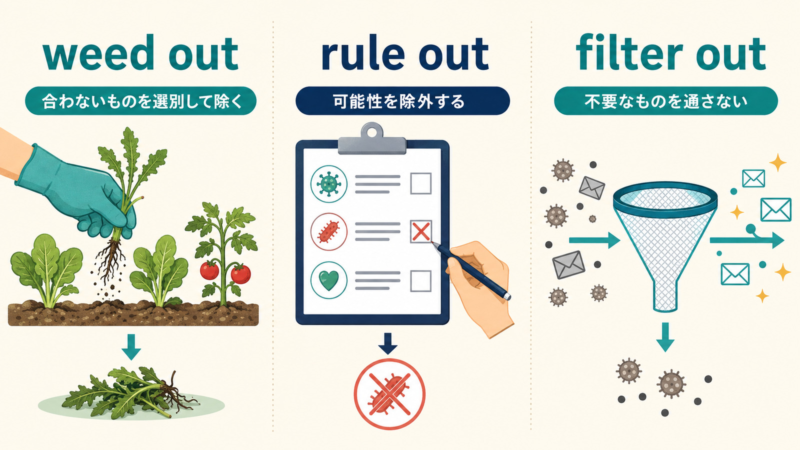 weed out・rule out・filter outのニュアンスの違いを示す比較イラスト