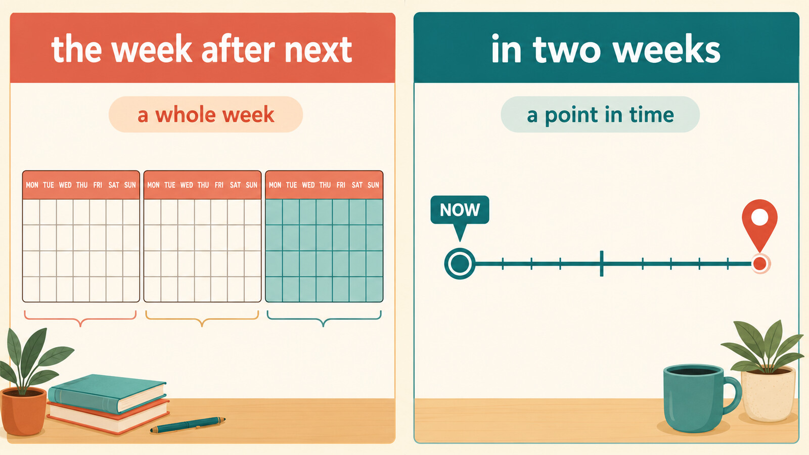 the week after nextは週全体、in two weeksは2週間後の時点を示す比較図