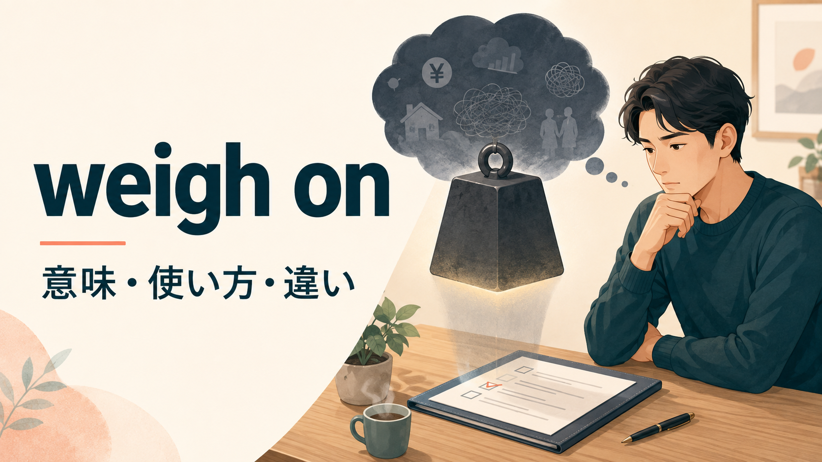 weigh onの意味は？「心に重くのしかかる」の使い方とweigh in onとの違い