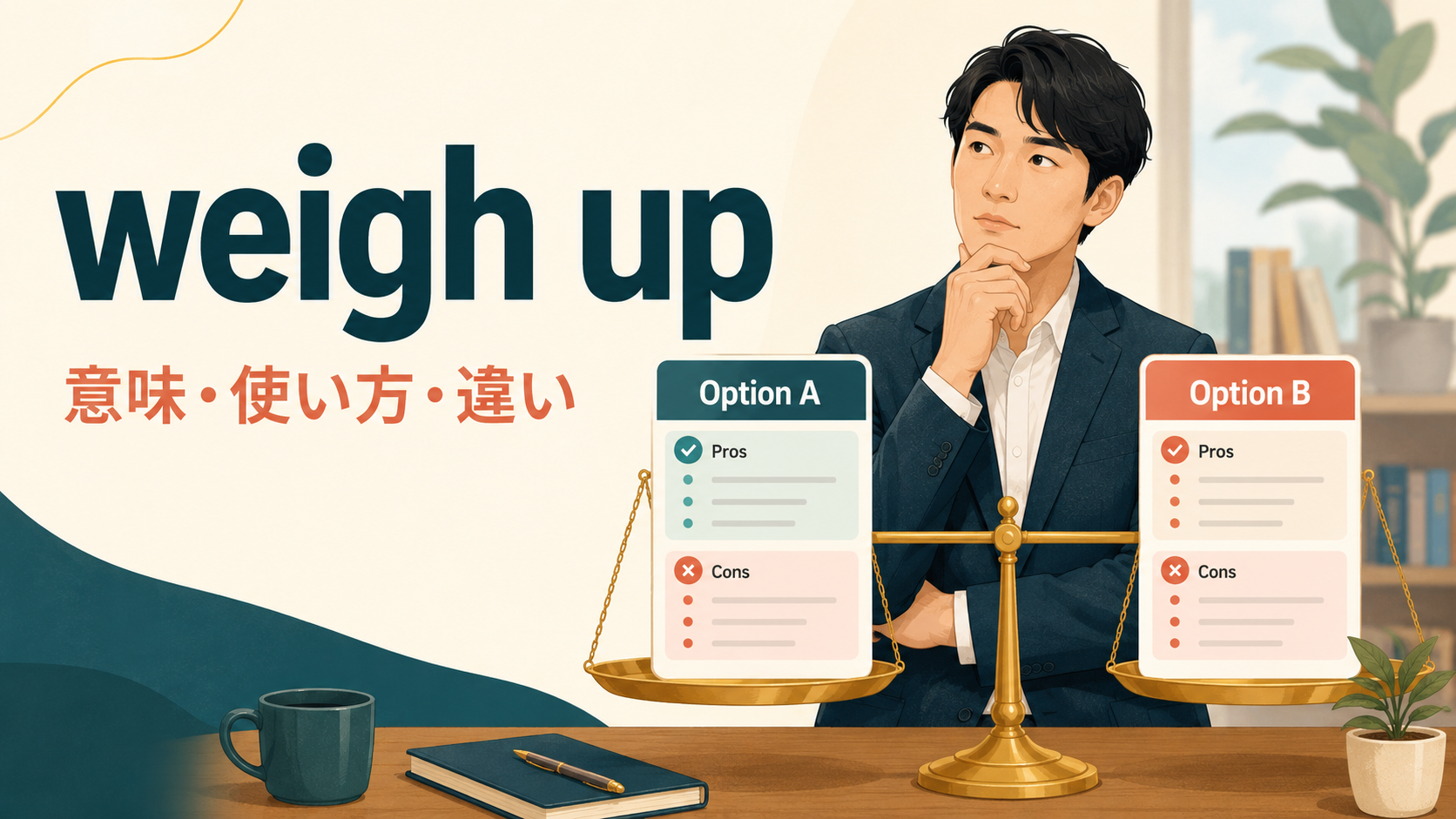 weigh upの意味は？「選択肢を比較検討する」の使い方とconsiderとの違い