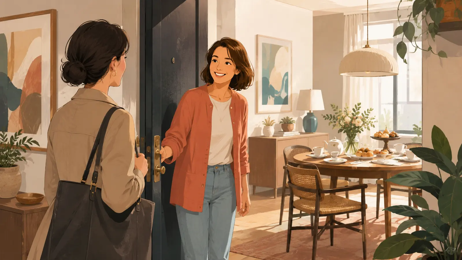 家に招いた友人を玄関で迎え、英語でもてなす女性のイラスト