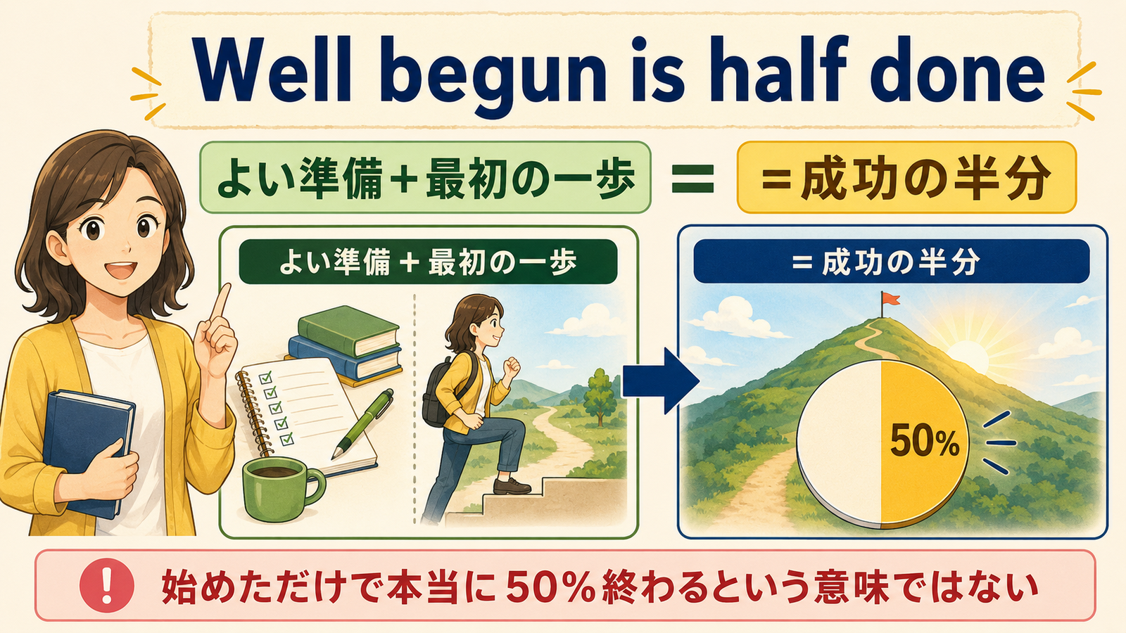 Well begun is half doneの直訳・実際の意味・使い方を示す解説図