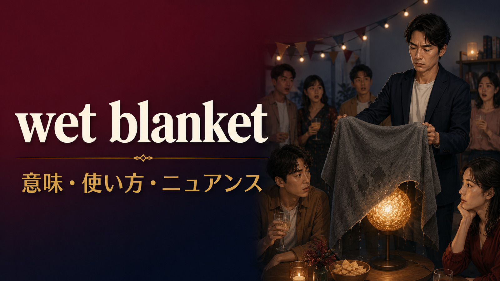 wet blanketの意味・使い方・ニュアンスを解説するアイキャッチ画像