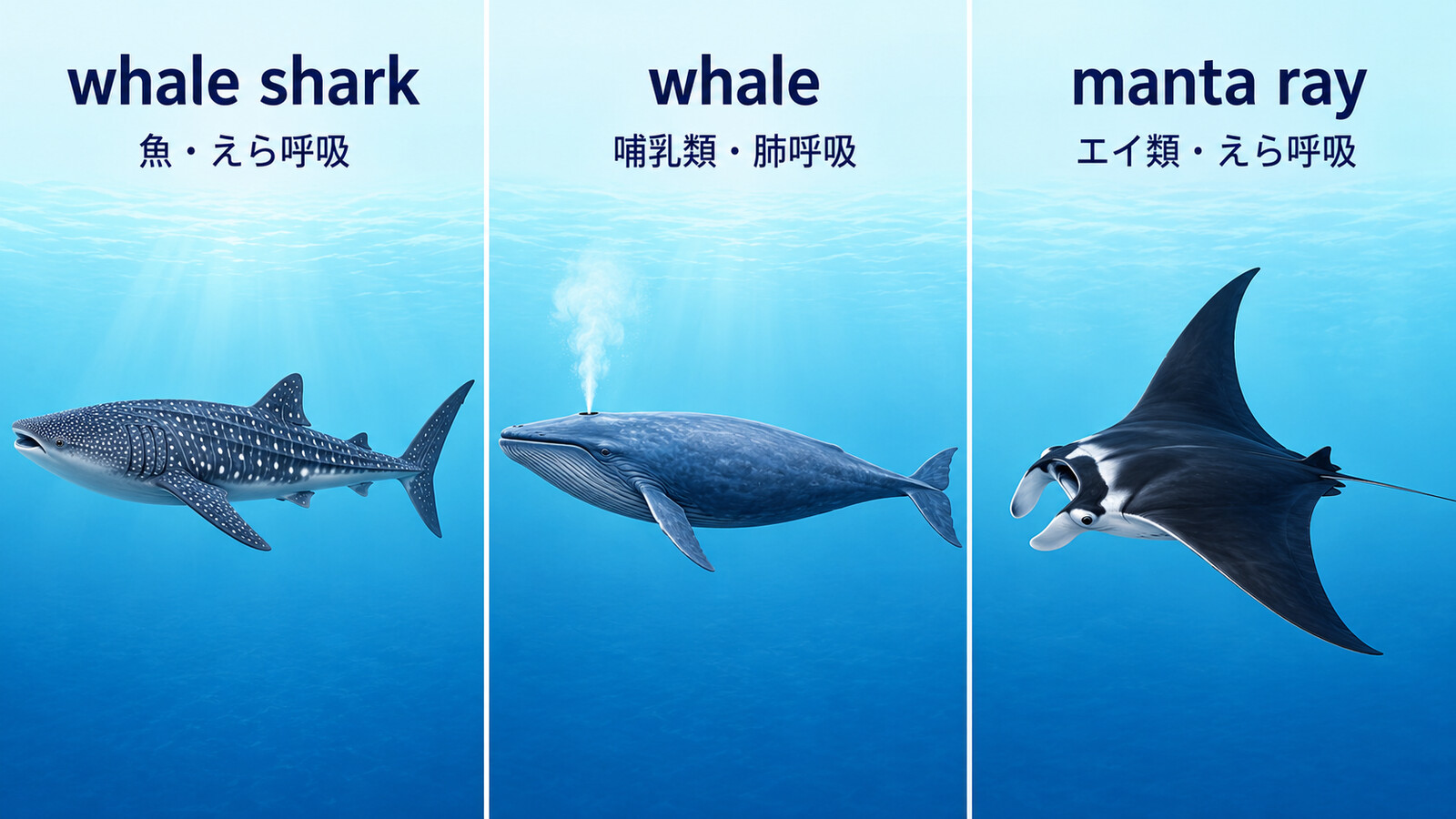 whale sharkとwhaleとmanta rayの分類と呼吸方法の違いを示す比較図