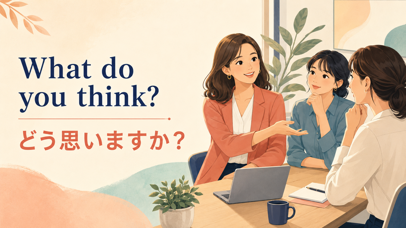 What do you think? と会議で相手に意見を求める場面のイラスト
