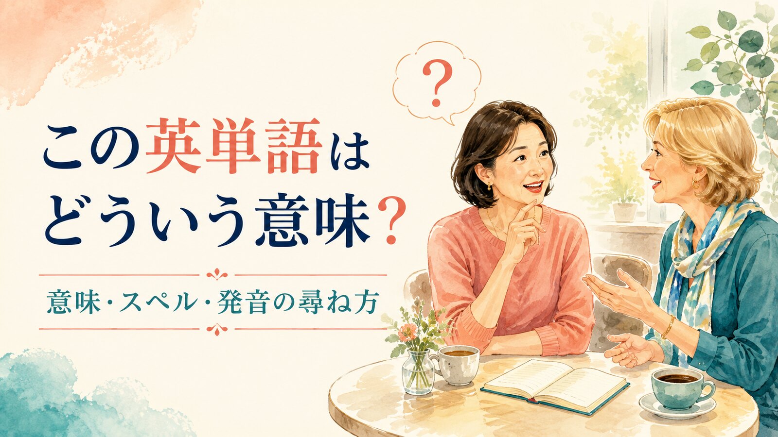 この英単語はどういう意味か英語で尋ねる女性のイラスト