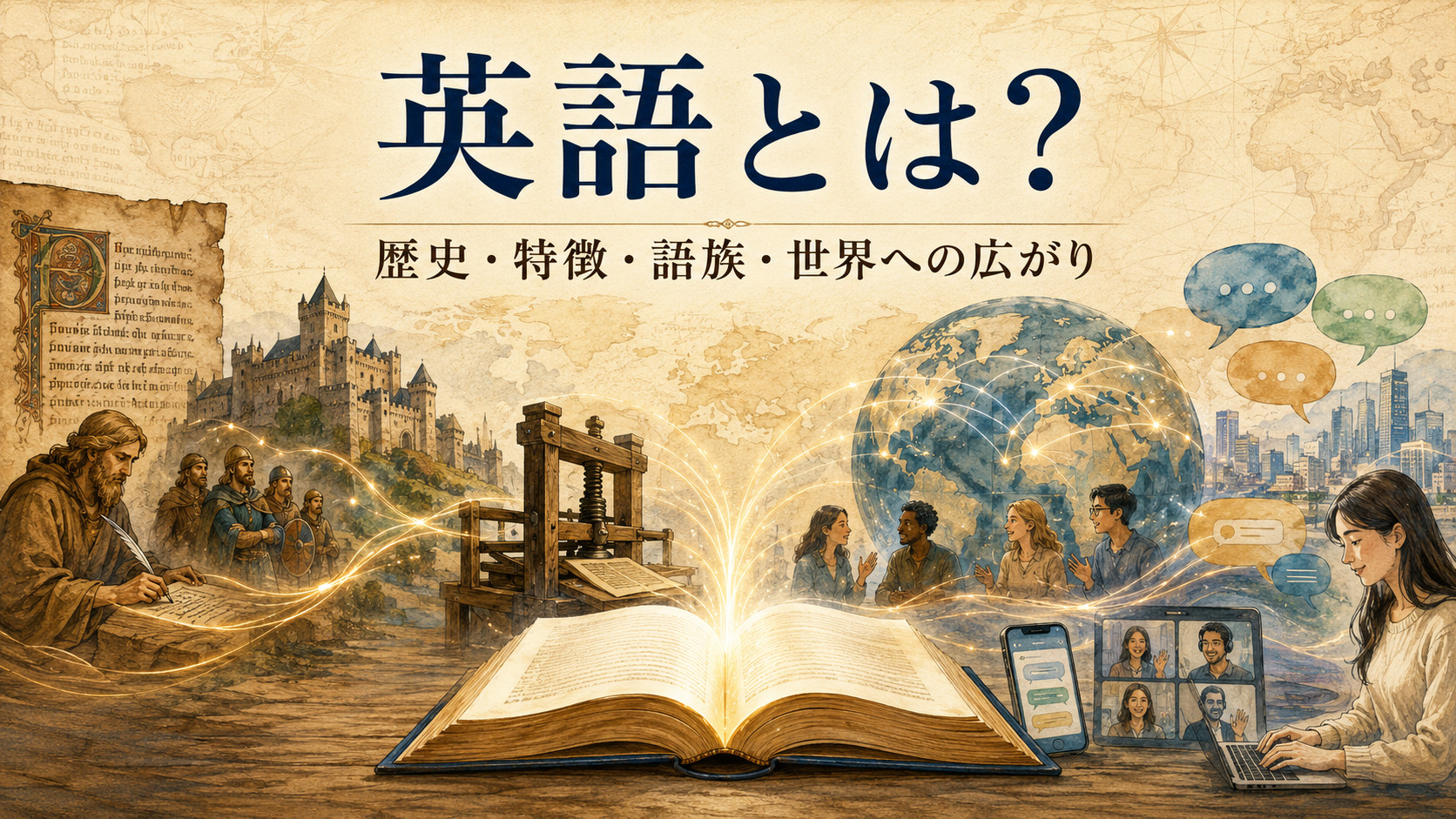 英語とは何かを歴史・特徴・語族・世界への広がりから表したイラスト