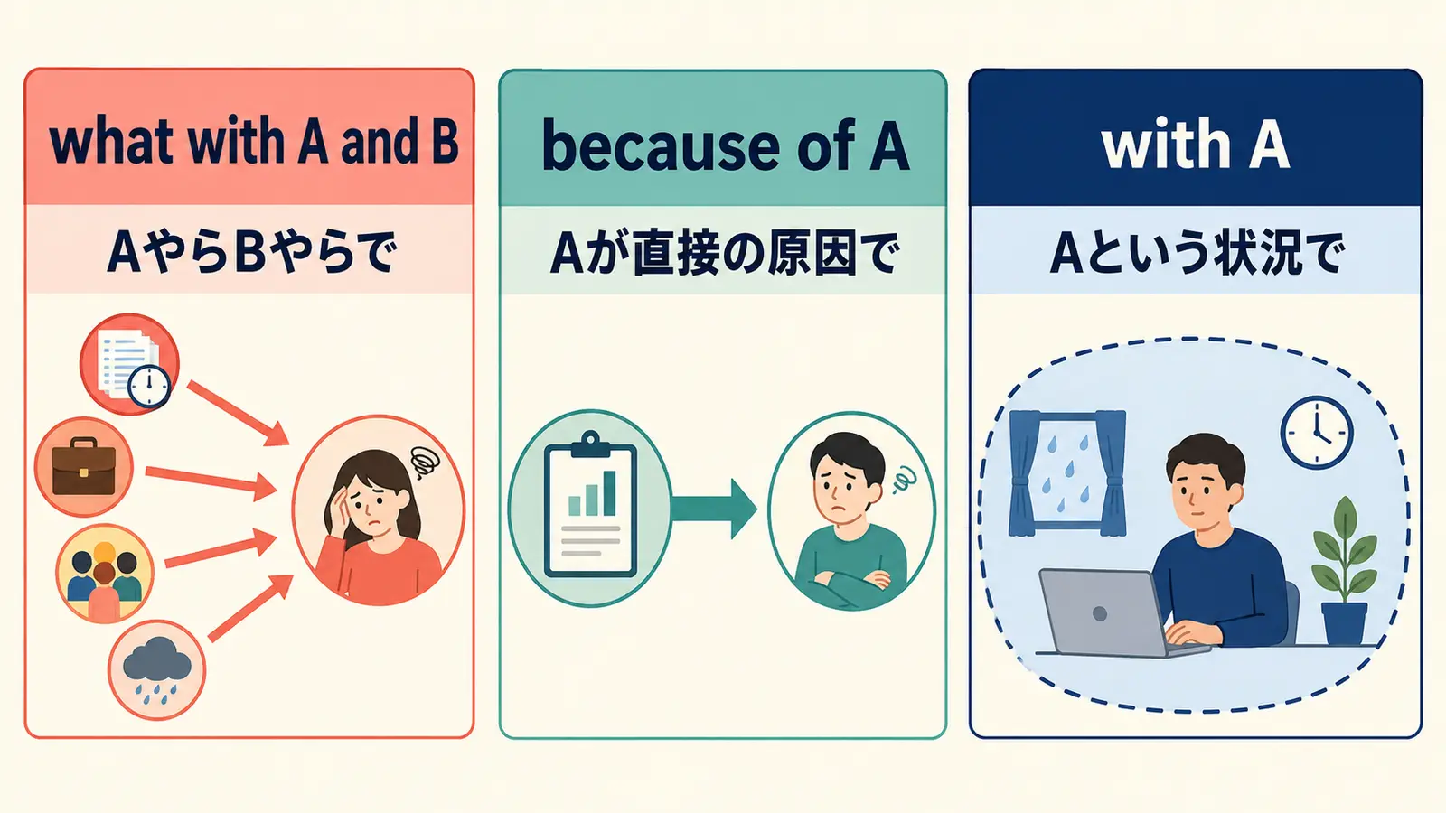 what with A and B、because of A、with Aの意味とニュアンスの違いを比較した図