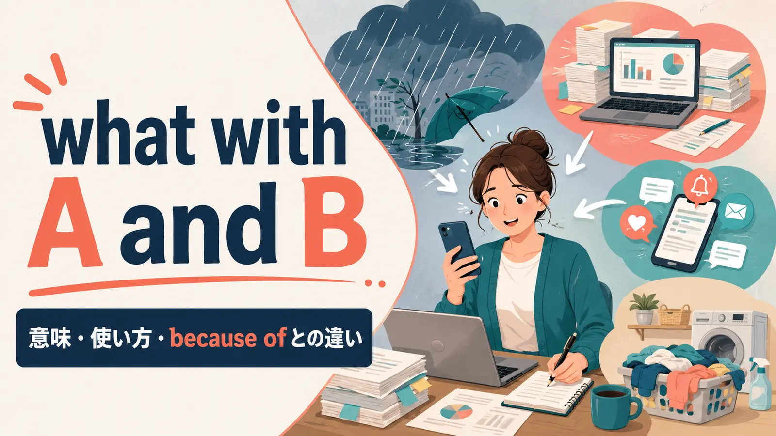 what with A and Bの意味・使い方・because ofとの違いを示すアイキャッチ