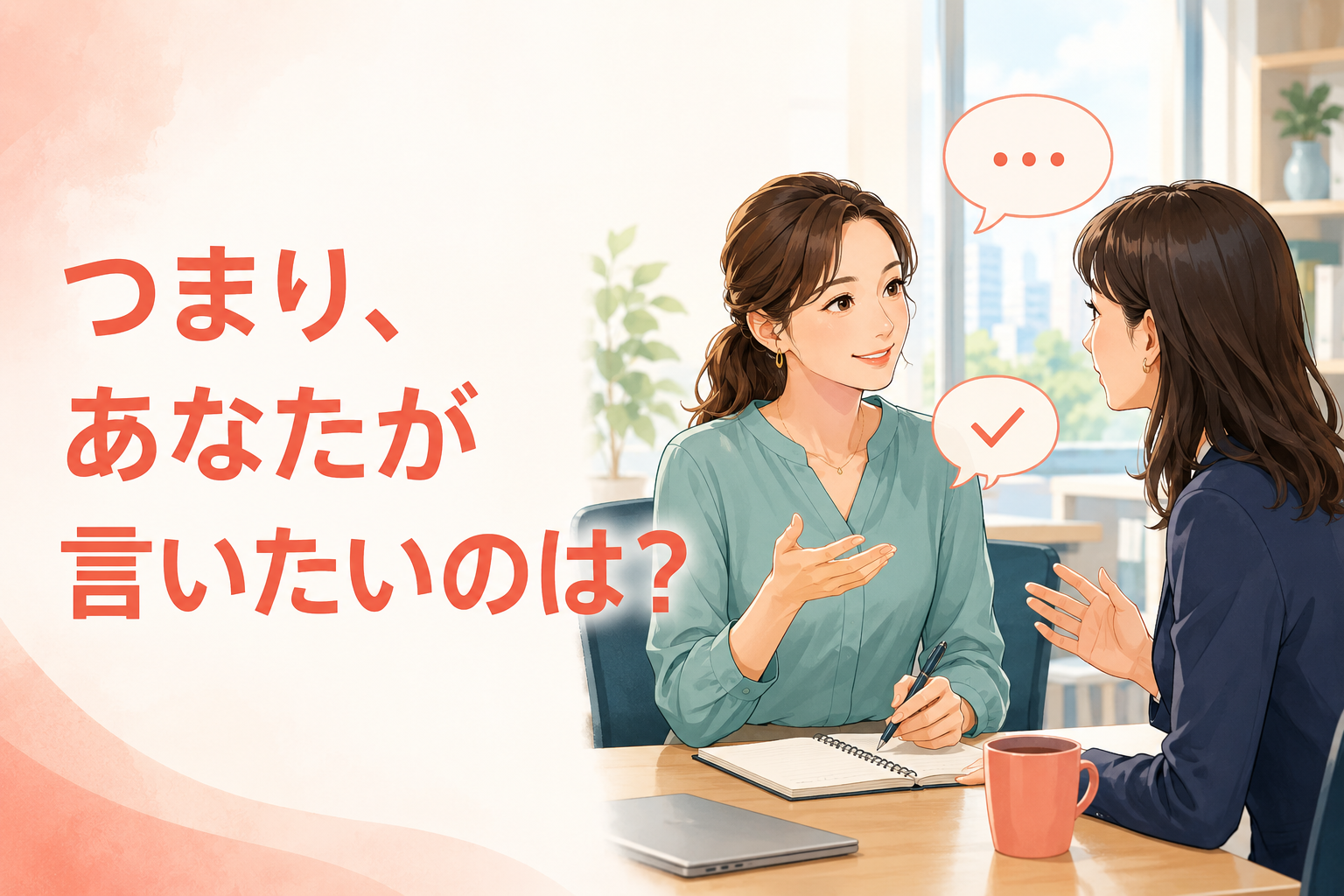 相手の発言を英語で確認する女性のイラスト