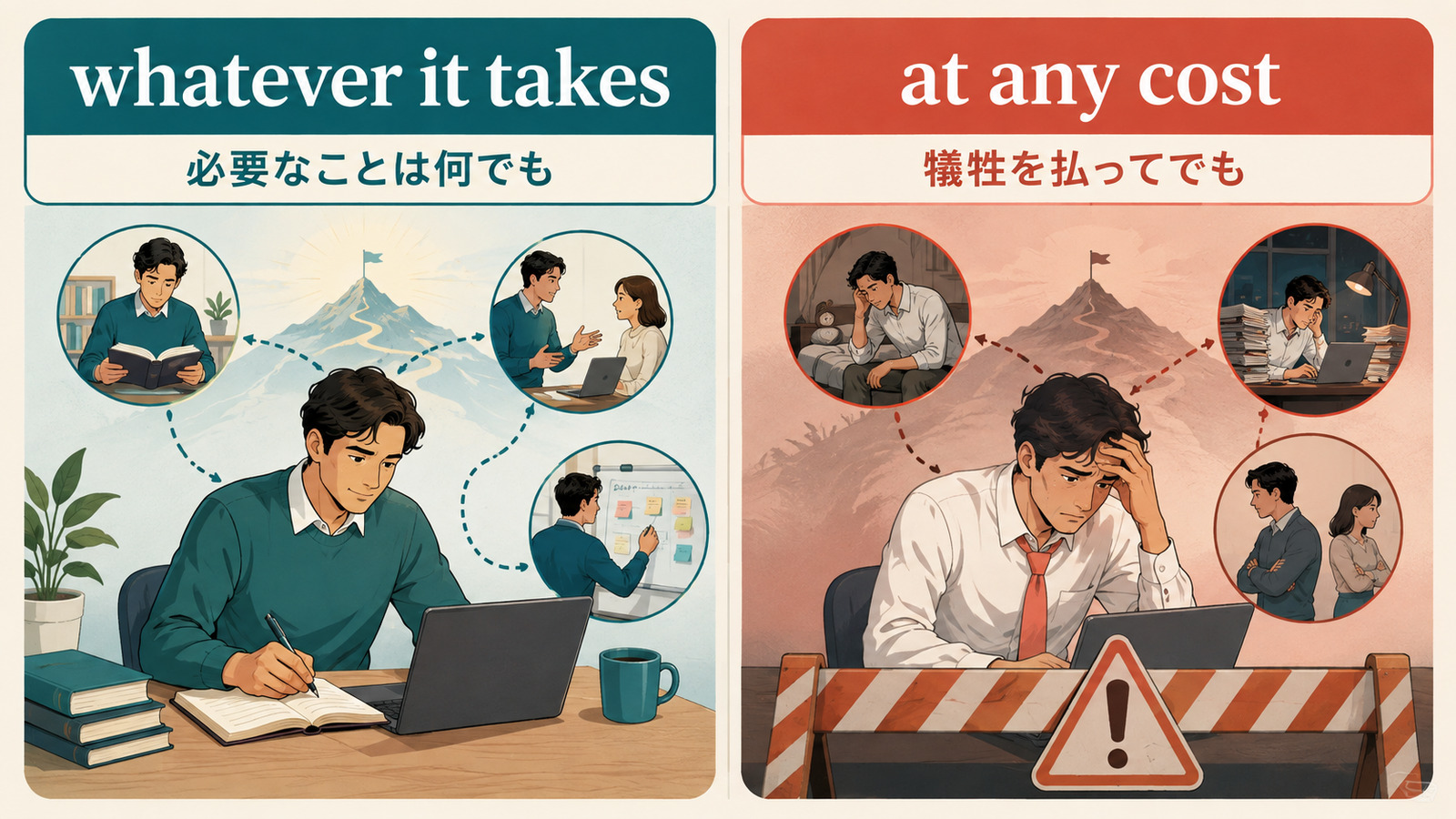 whatever it takesとat any costのニュアンスの違いを示す比較イラスト