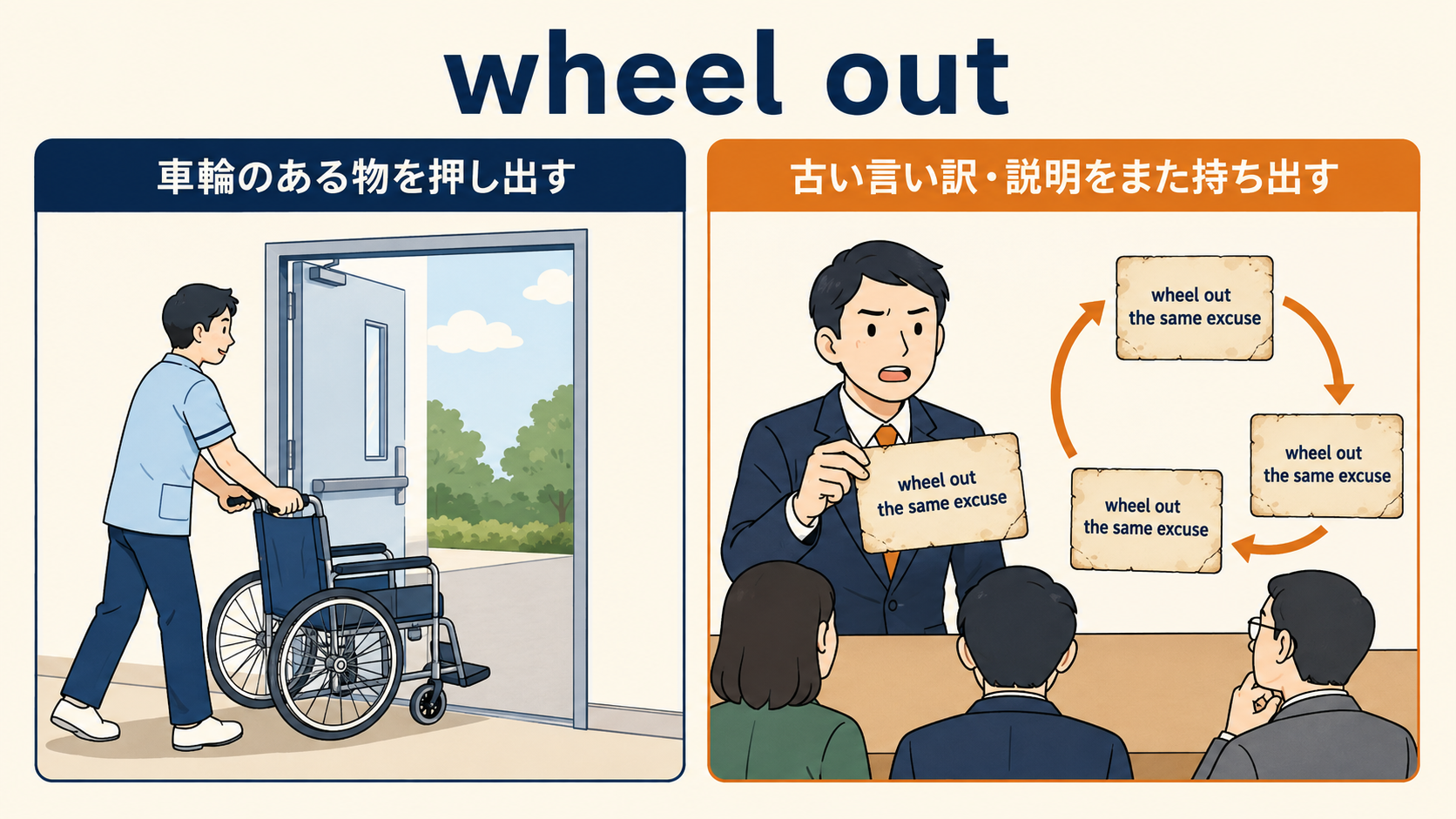 wheel outの物を押し出す意味と古い言い訳を持ち出す意味を比較した図