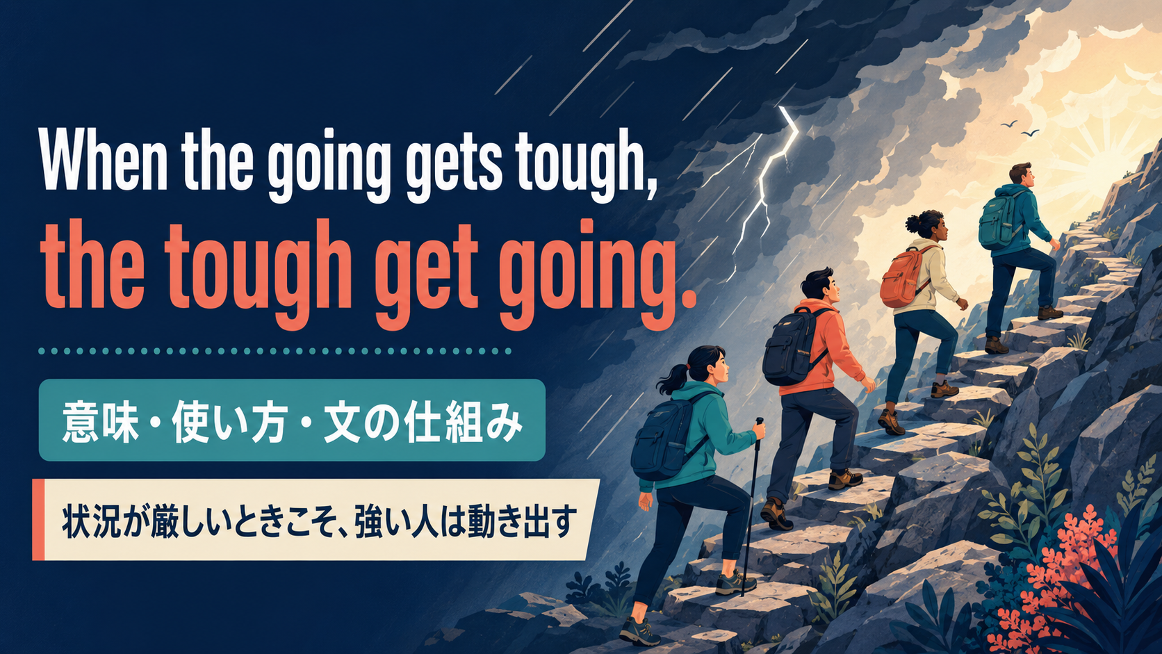 When the going gets tough, the tough get going.は状況が厳しいときこそ強い人は動き出すと示すアイキャッチ