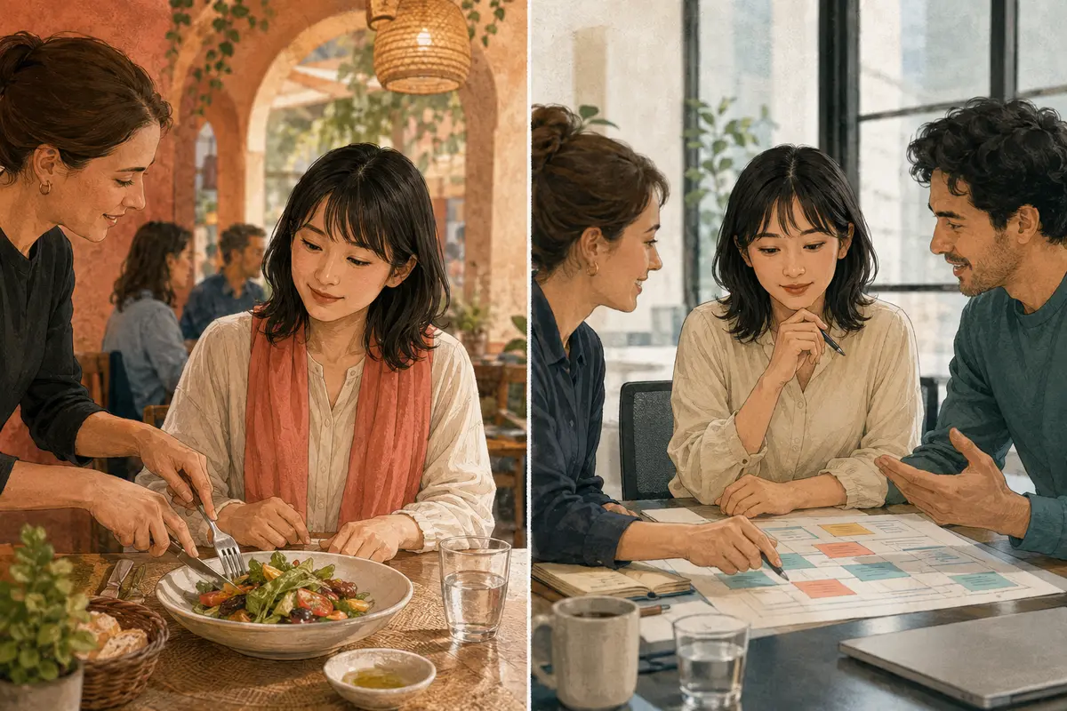 旅行先の食事と新しい職場で現地のやり方を学ぶ女性のイラスト