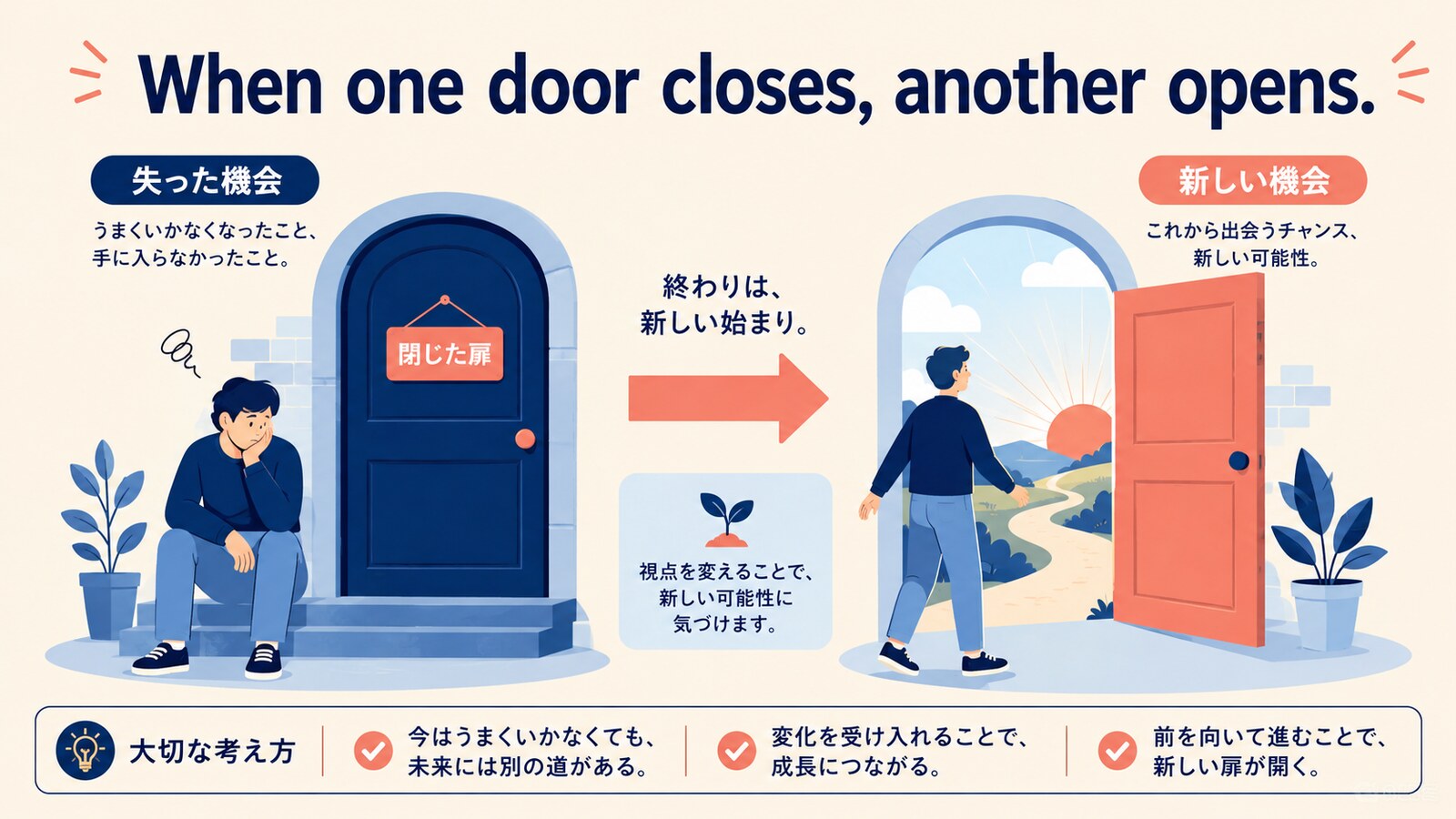 When one door closes, another opens.の意味は？使い方・ニュアンスと例文