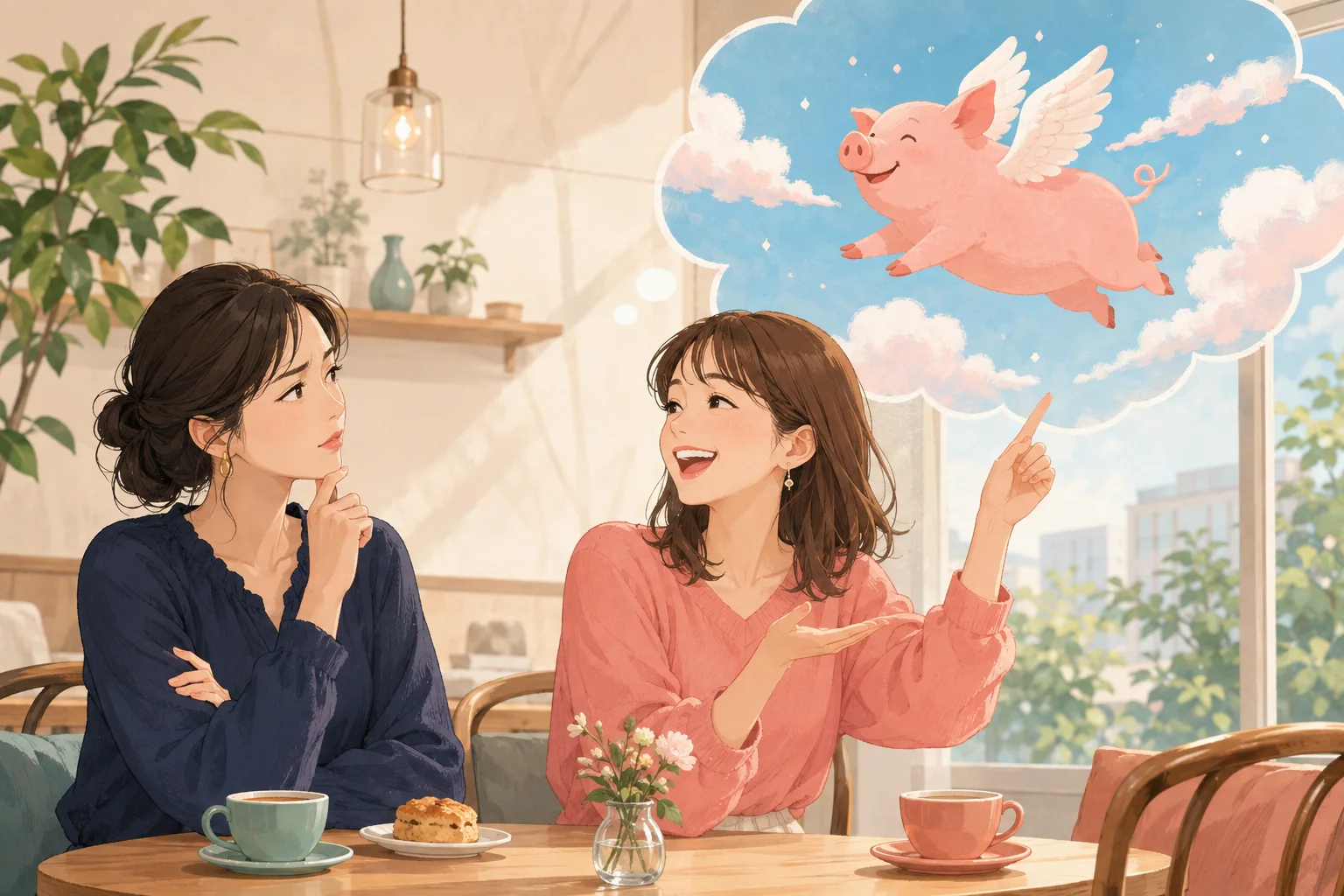 カフェでWhen pigs flyを使って会話する女性たちと空を飛ぶ豚のイラスト
