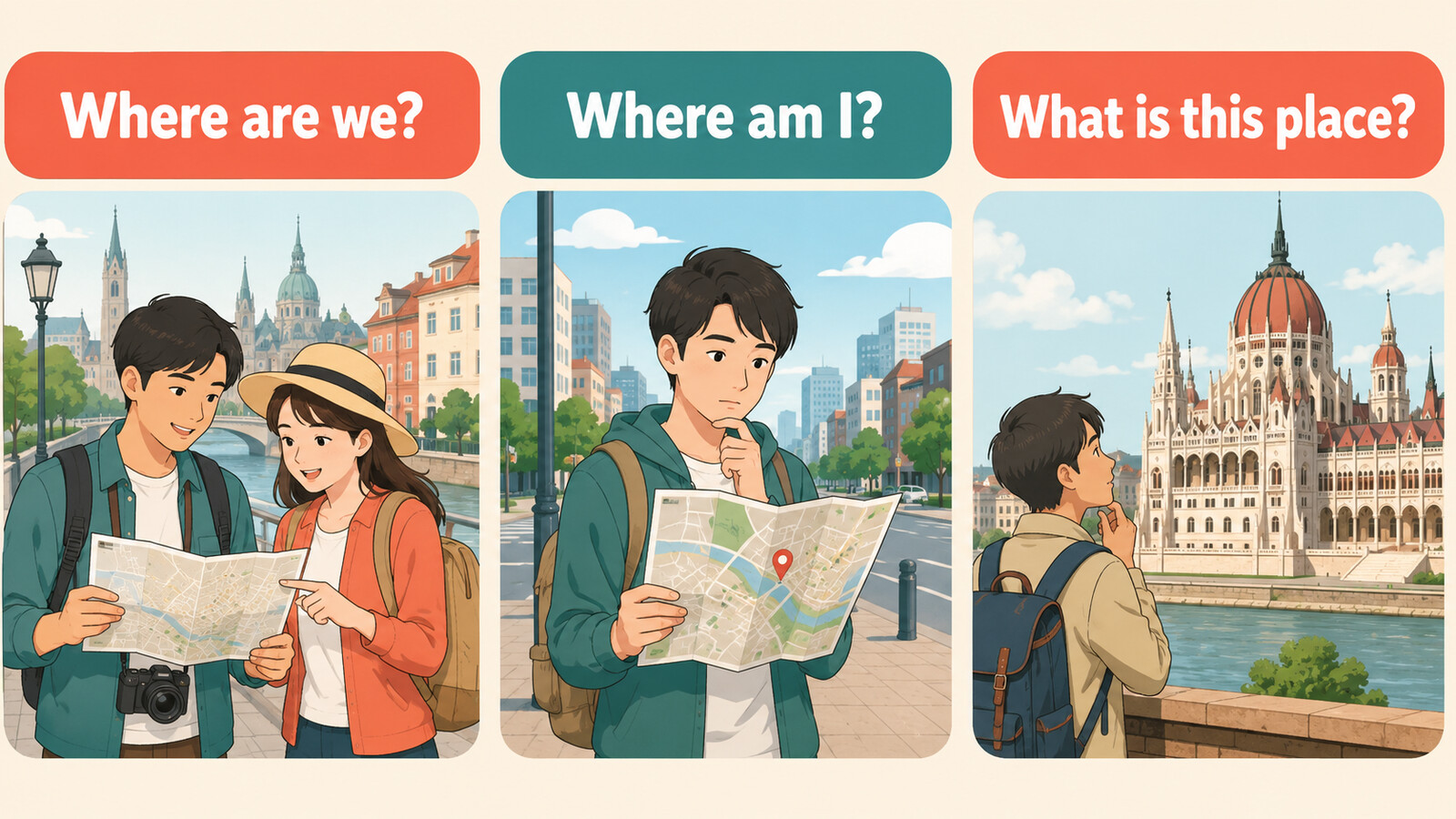 Where are weとWhere am IとWhat is this placeの使い分けを場面で示す英語学習イラスト