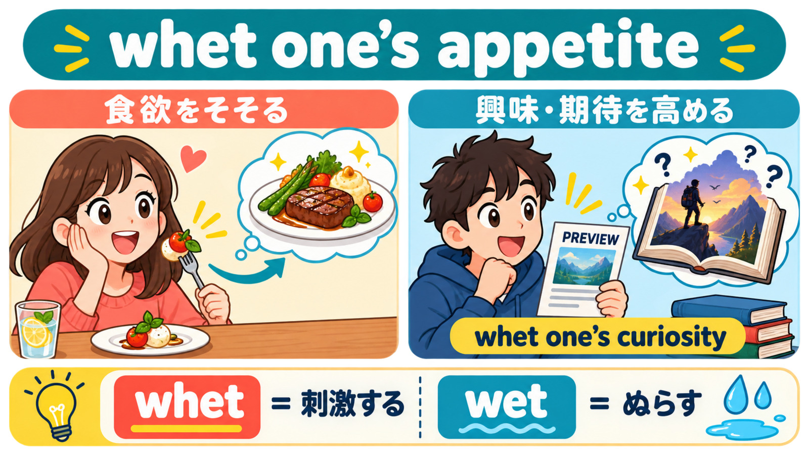 whet one's appetiteの食欲と興味の用法、whetとwetの違いを示す図
