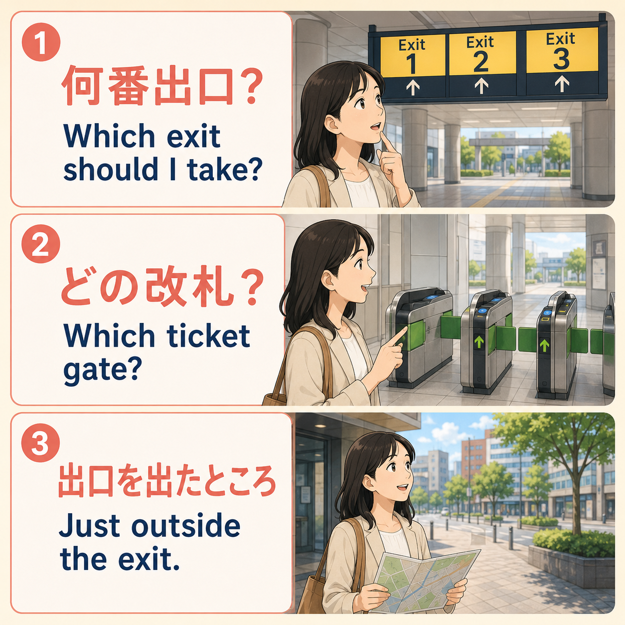 Which exit should I take・Which ticket gate・Just outside the exitの使い分け
