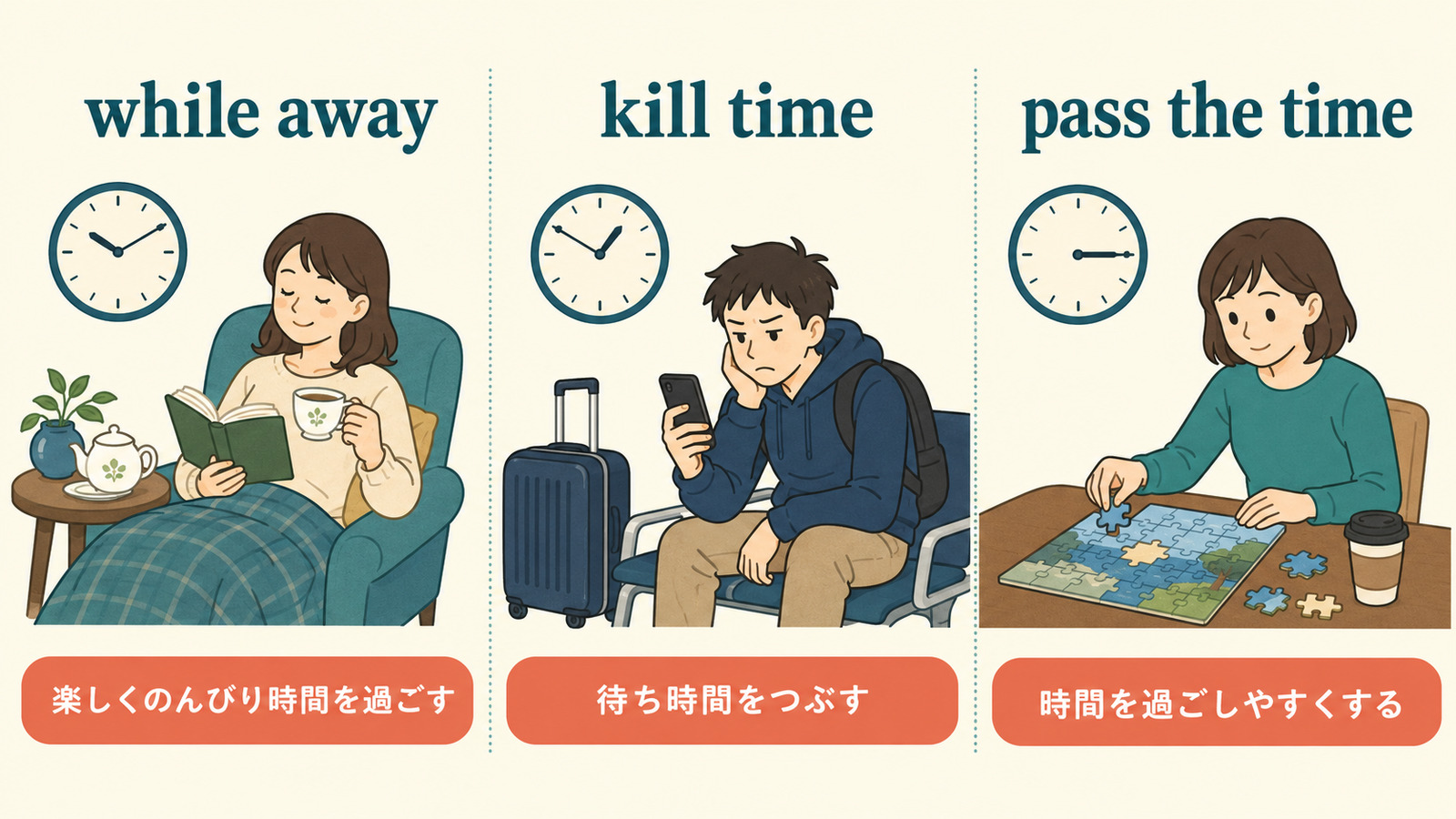 while away・kill time・pass the timeのニュアンスの違いを示す比較イラスト