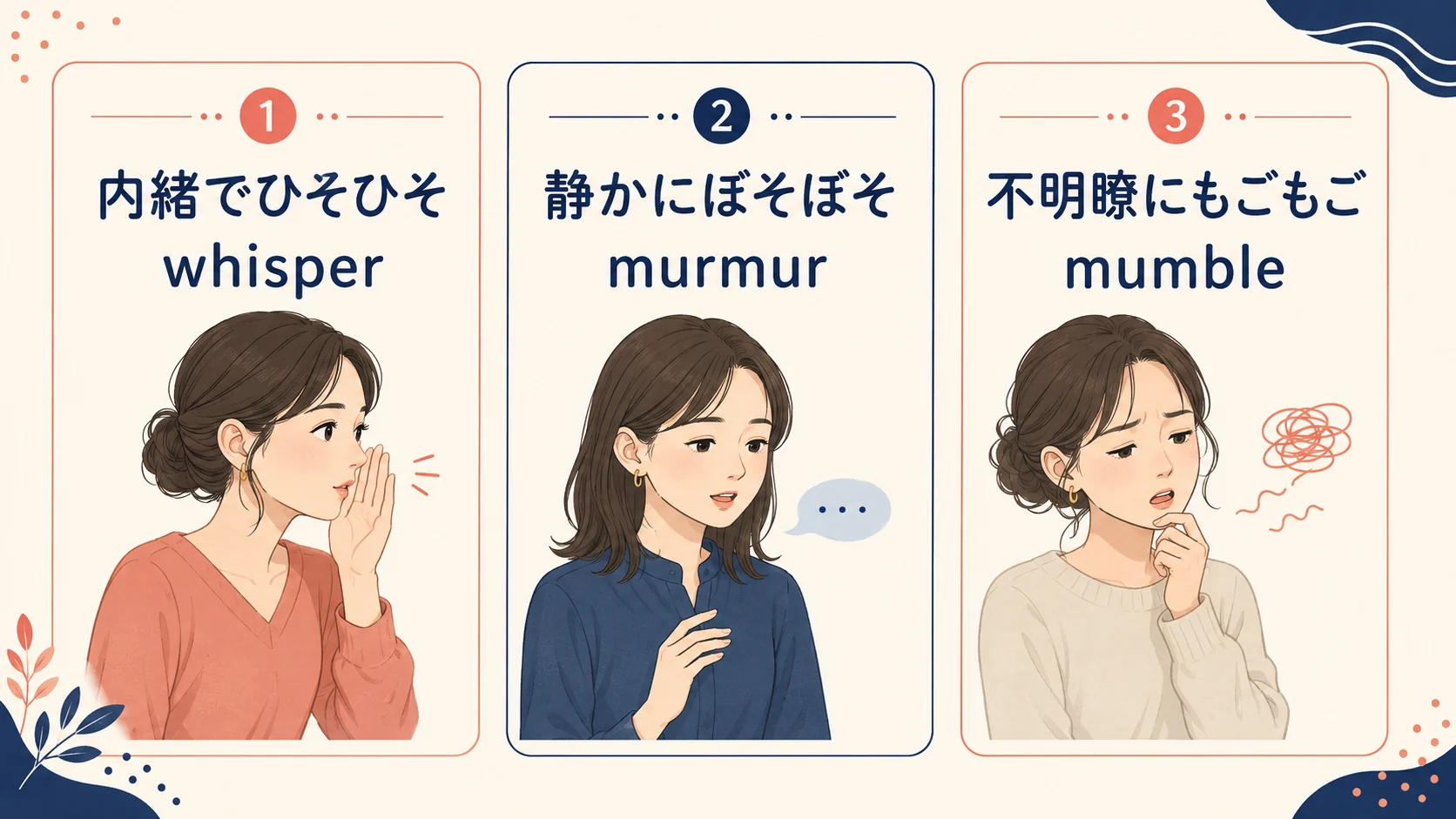 whisper・murmur・mumbleのニュアンスの違い