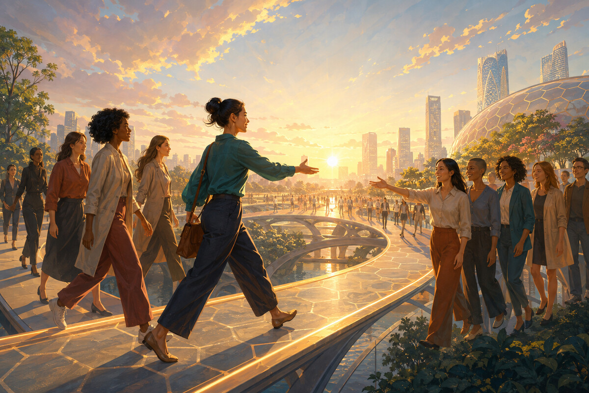 架空の女性が最初の一歩を踏み出し対等なつながりへ向かう情景