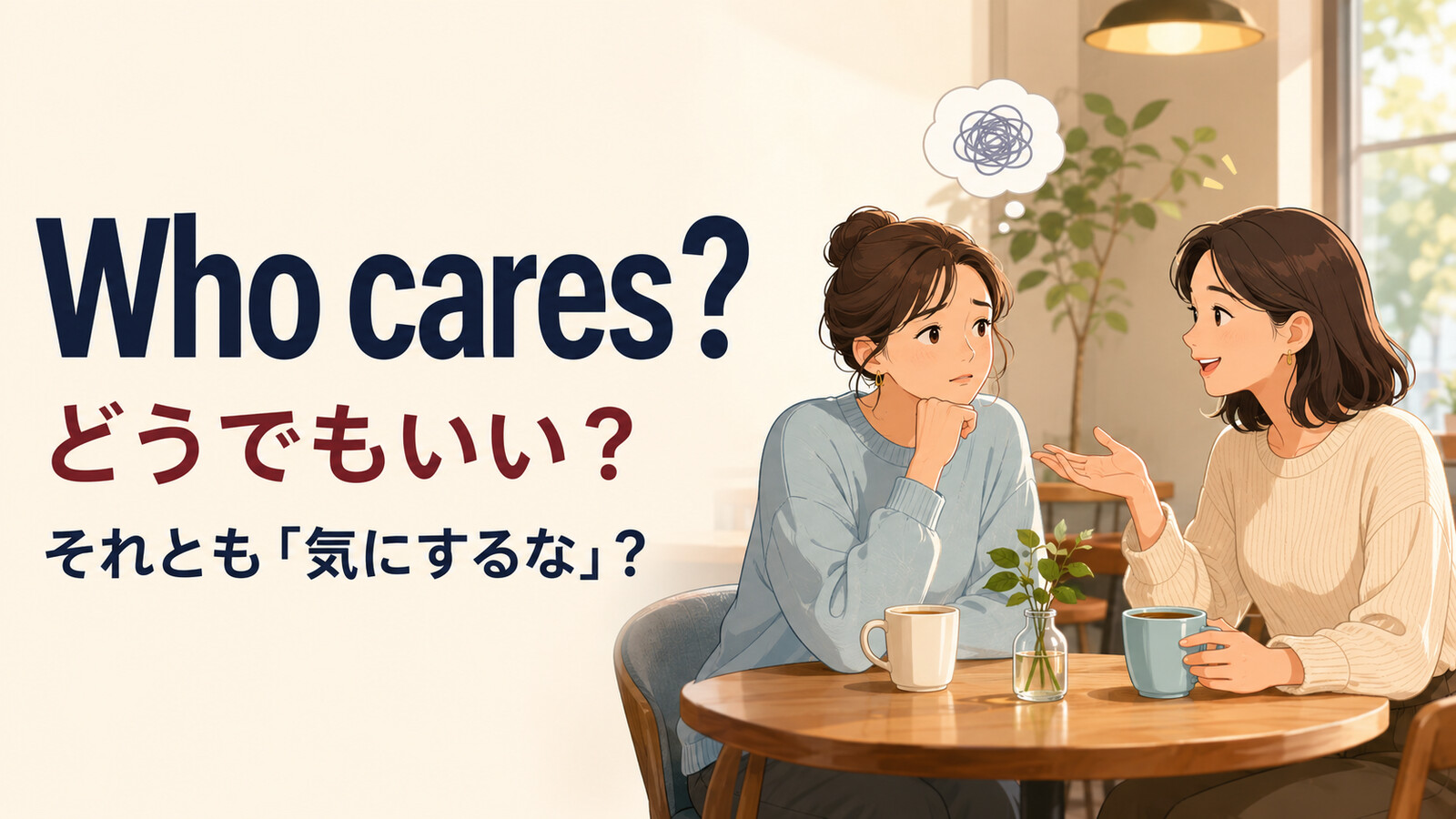 Who cares?が「どうでもいい」と「気にするな」の両方になる意味を示すアイキャッチ