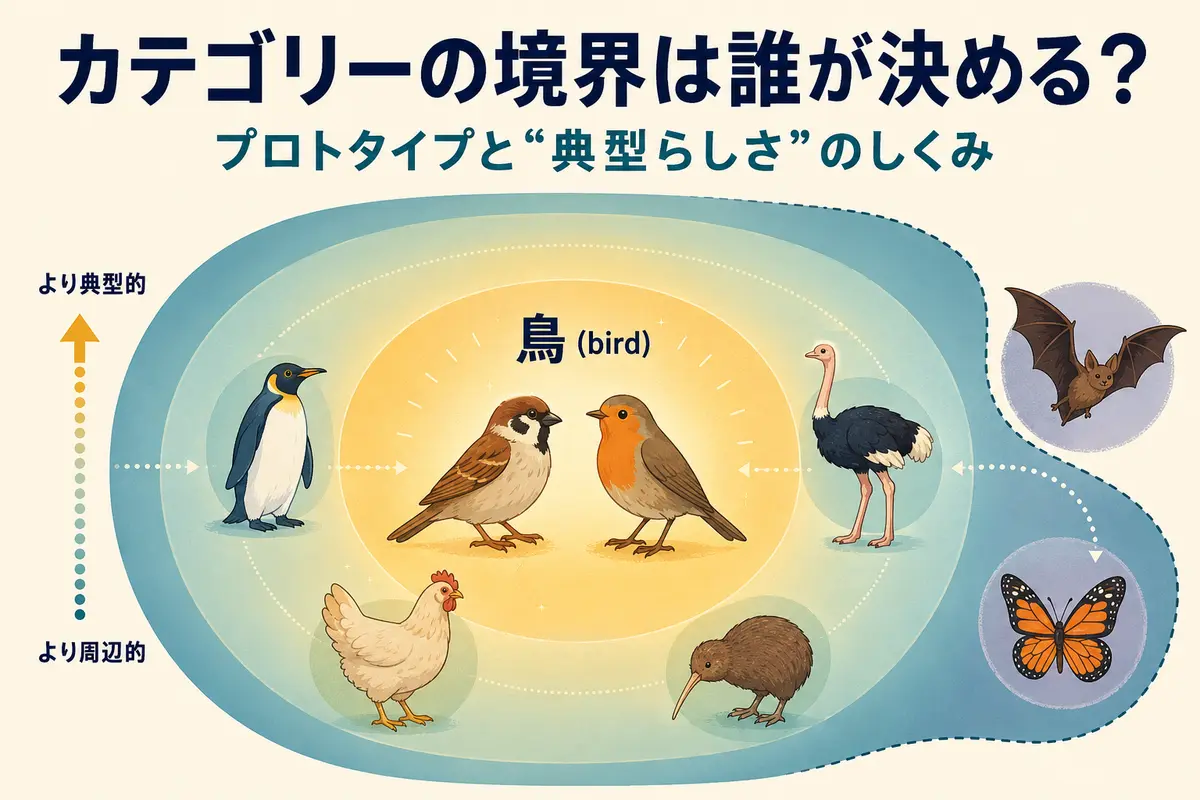 鳥カテゴリーの中心に典型的な鳥、周辺にペンギンやダチョウが位置するプロトタイプ構造