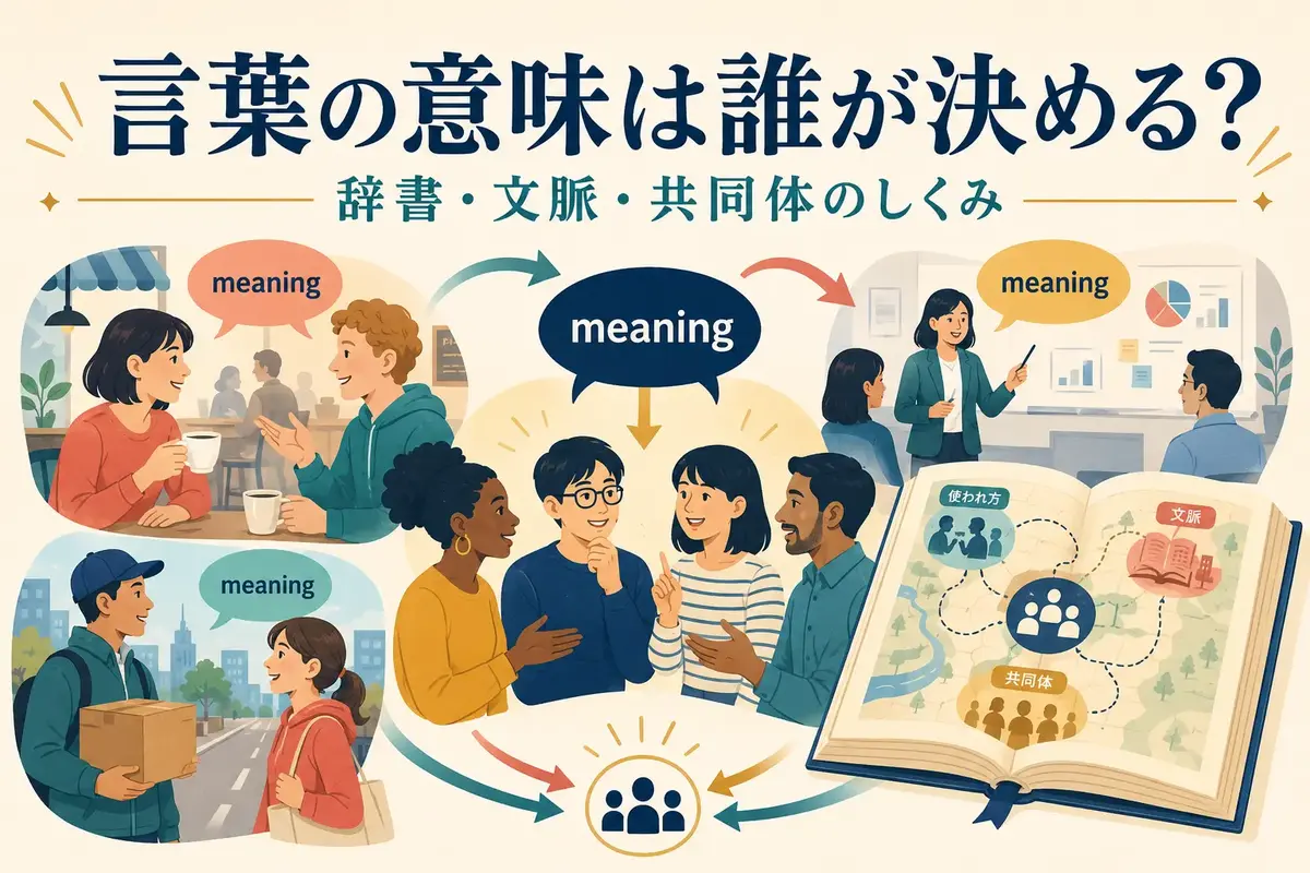 言葉の意味は誰が決めるのかを辞書・文脈・共同体から考える図解