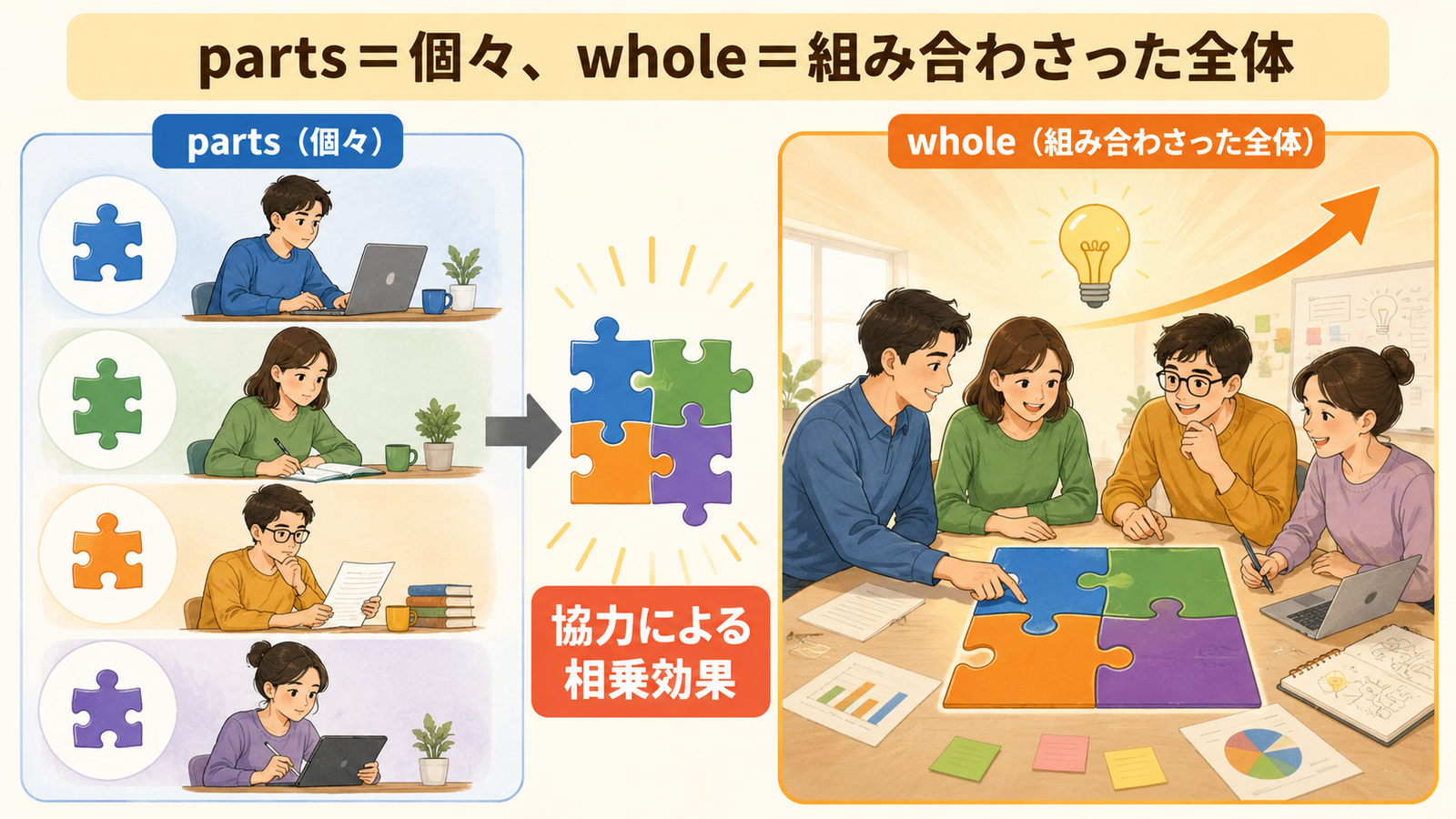 The whole is greater than the sum of its partsの語句・構造・ニュアンスを示す解説図
