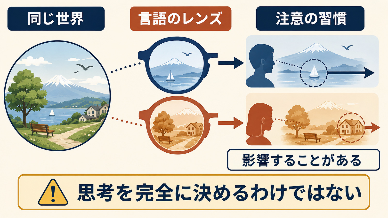 同じ世界でも言語のレンズによって注意の習慣が変わりうることを示す図
