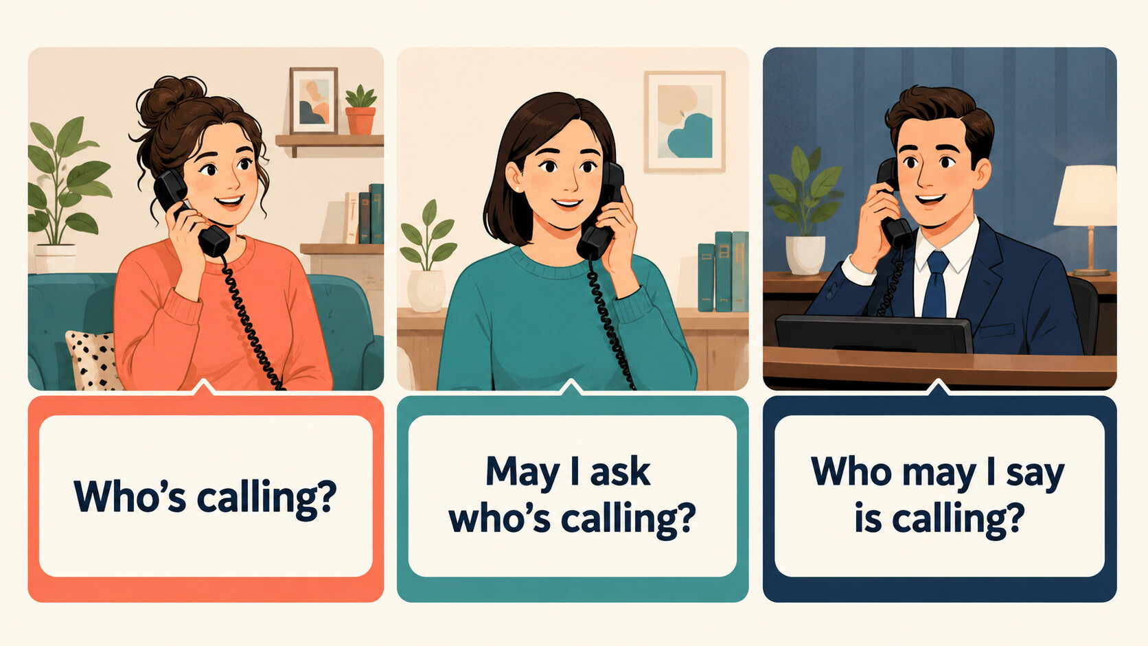 Who’s calling?・May I ask who’s calling?・Who may I say is calling?の違い